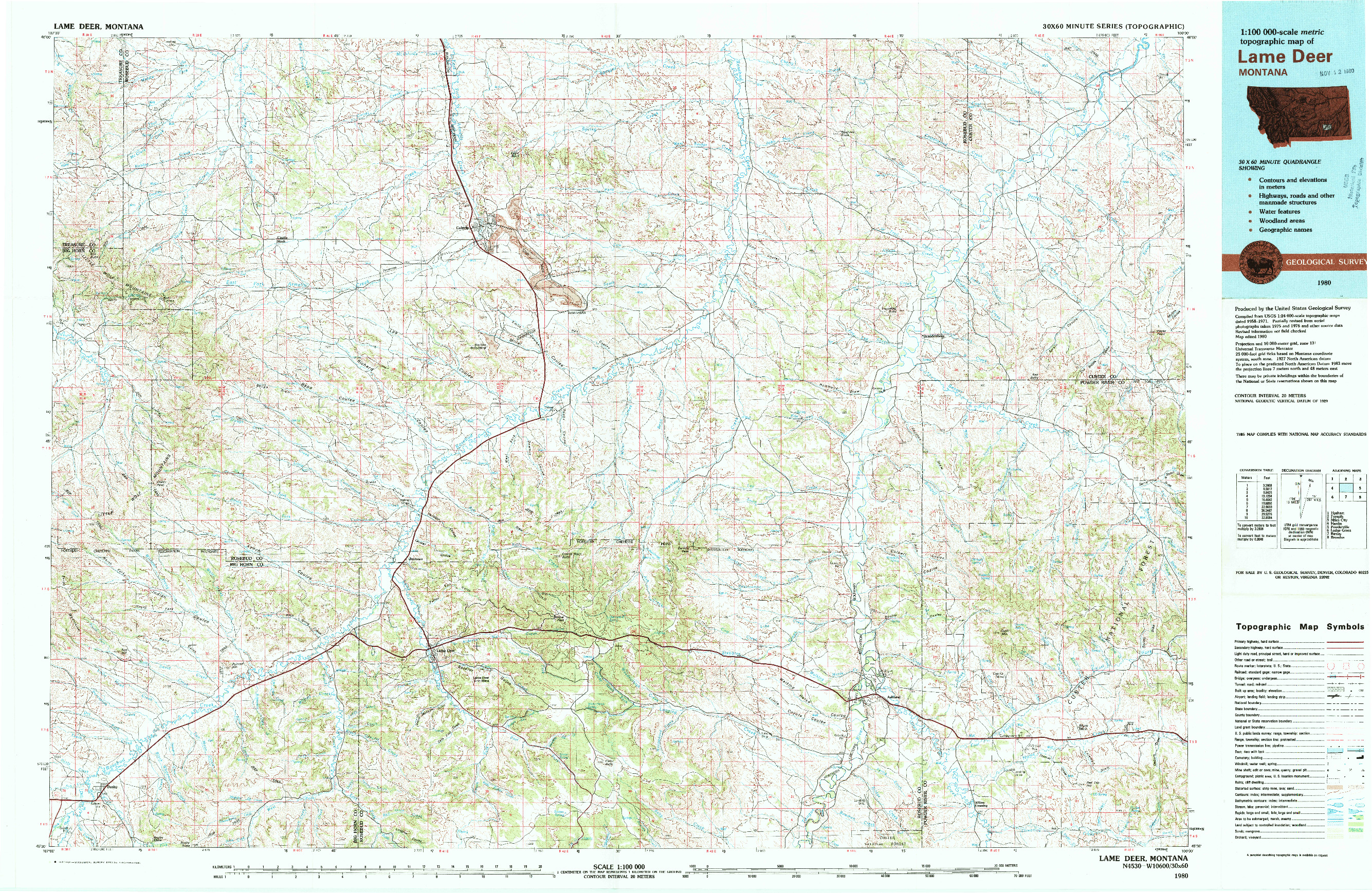 USGS 1:100000-SCALE QUADRANGLE FOR LAME DEER, MT 1980