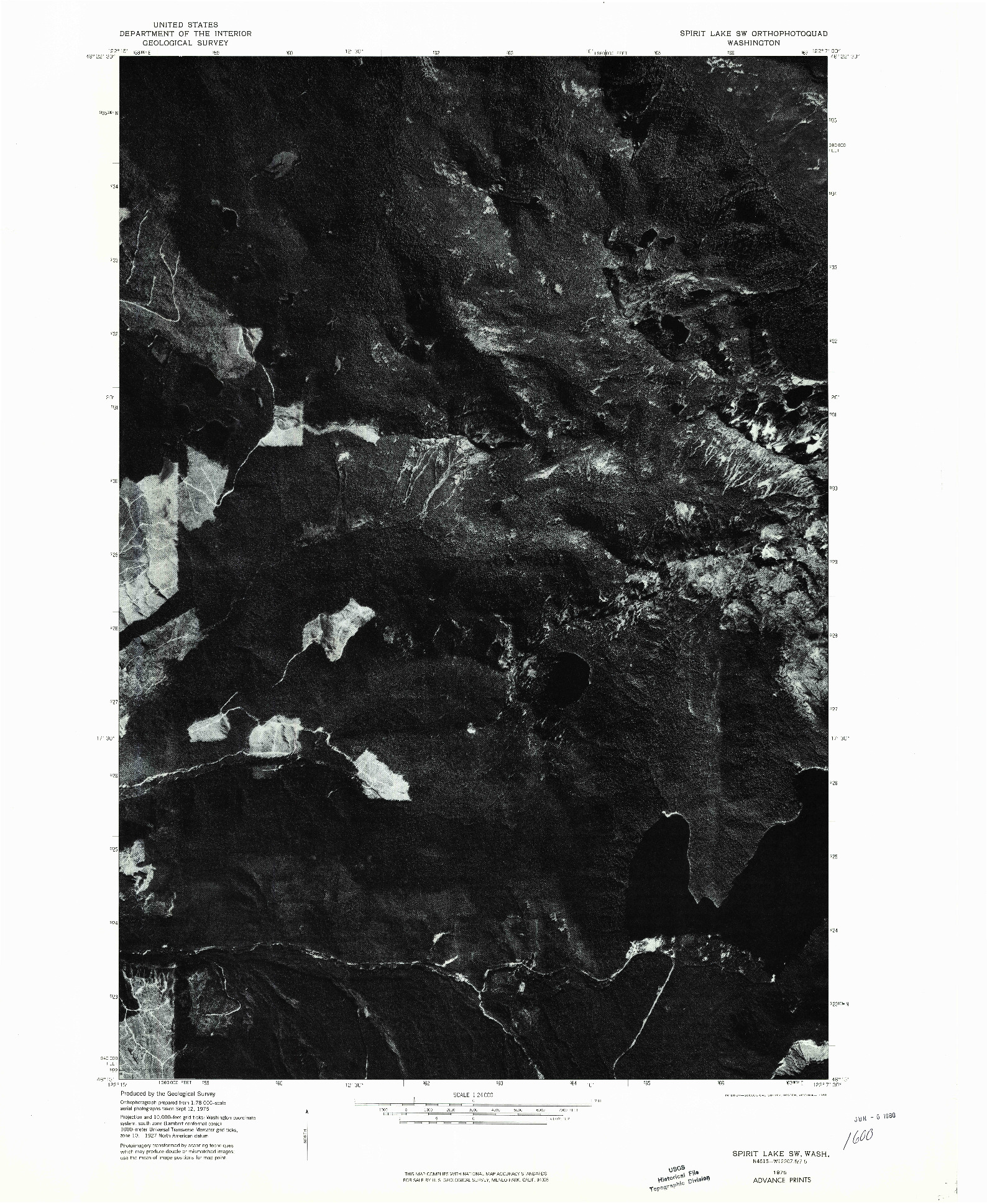 USGS 1:24000-SCALE QUADRANGLE FOR SPIRIT LAKE SW, WA 1975