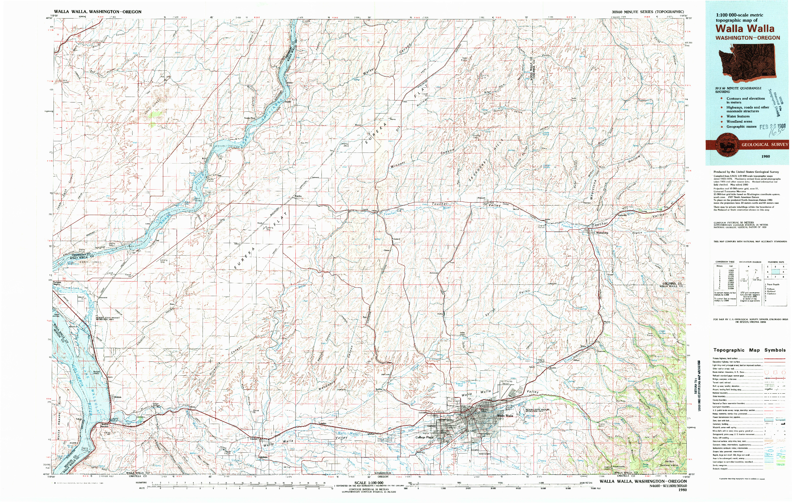 USGS 1:100000-SCALE QUADRANGLE FOR WALLA WALLA, WA 1980
