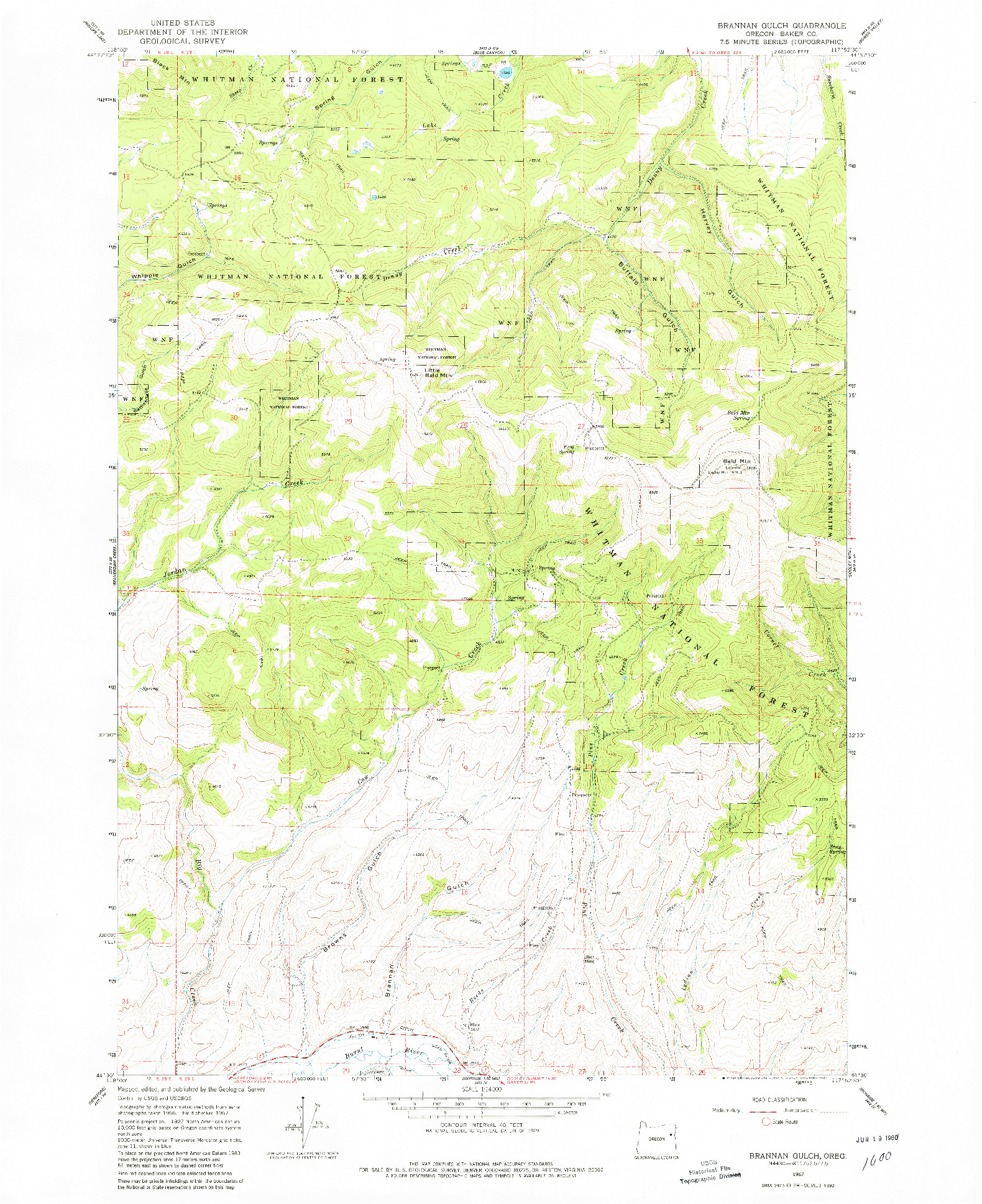 USGS 1:24000-SCALE QUADRANGLE FOR BRANNAN GULCH, OR 1967