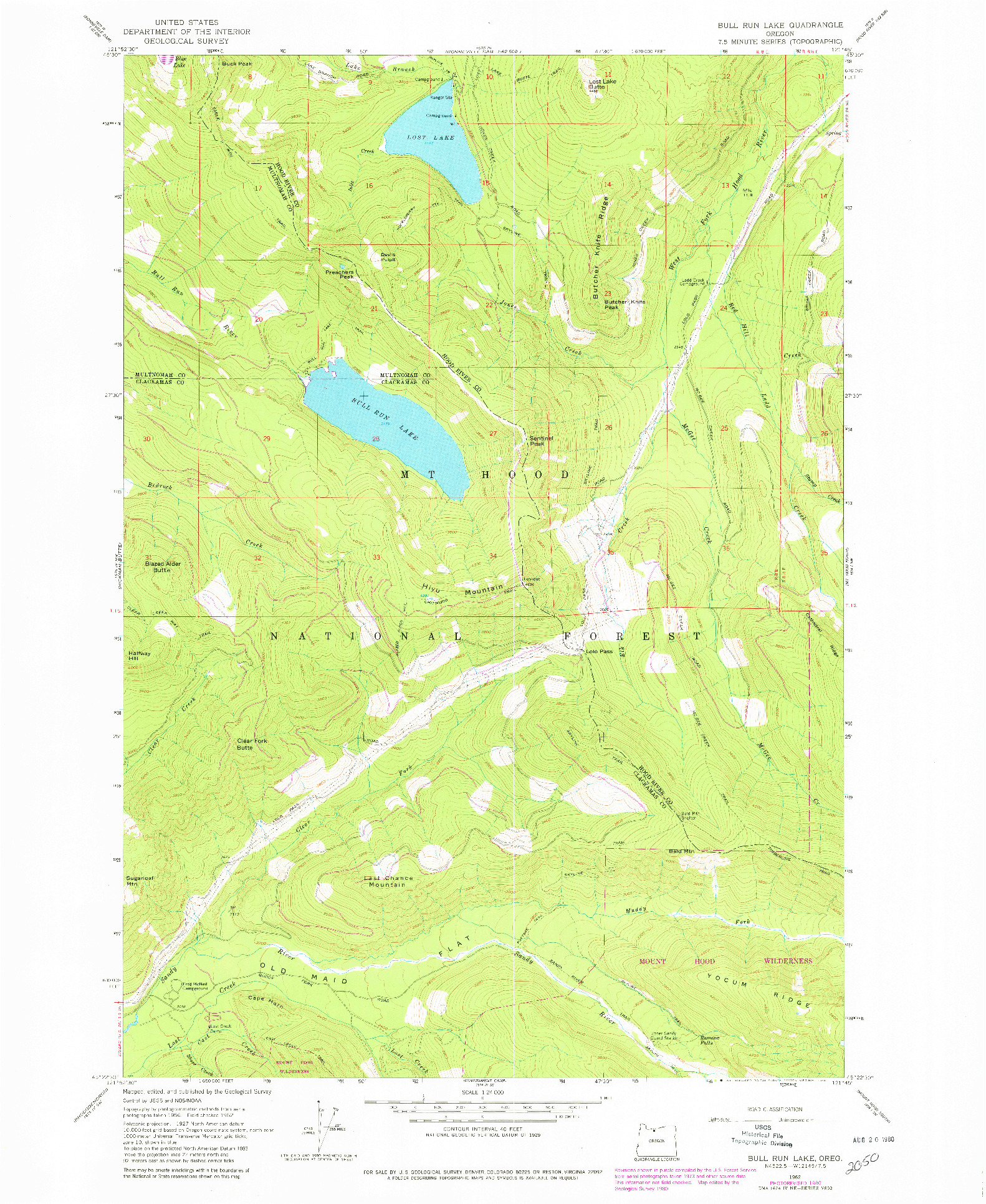 USGS 1:24000-SCALE QUADRANGLE FOR BULL RUN LAKE, OR 1962