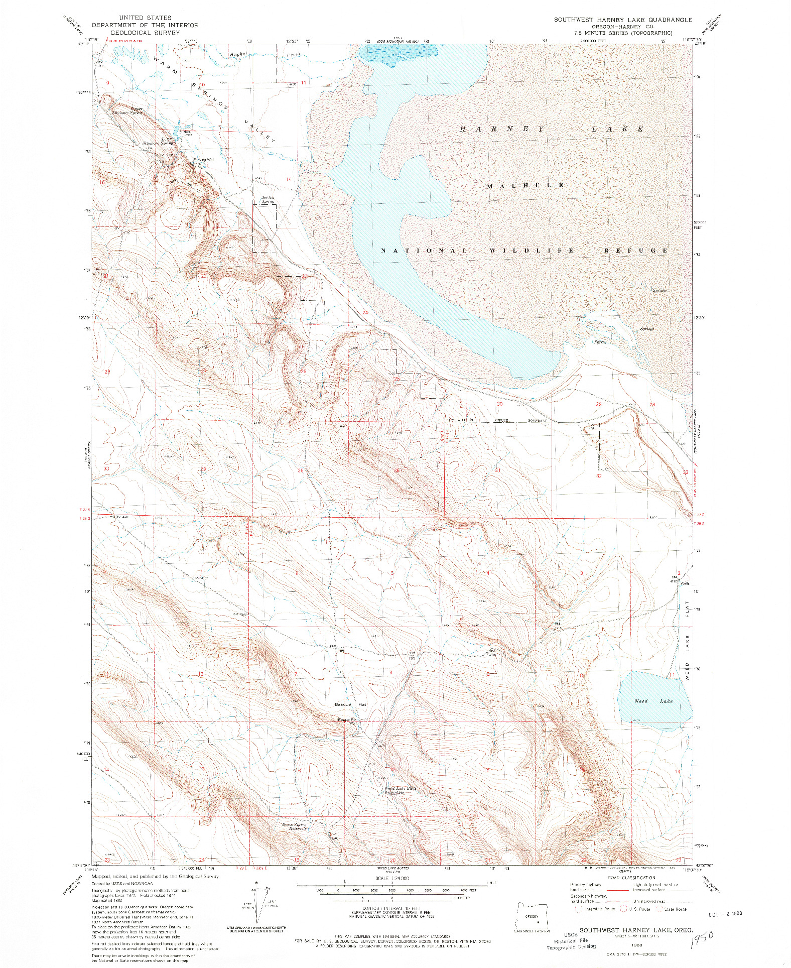 USGS 1:24000-SCALE QUADRANGLE FOR SOUTHWEST HARNEY LAKE, OR 1980