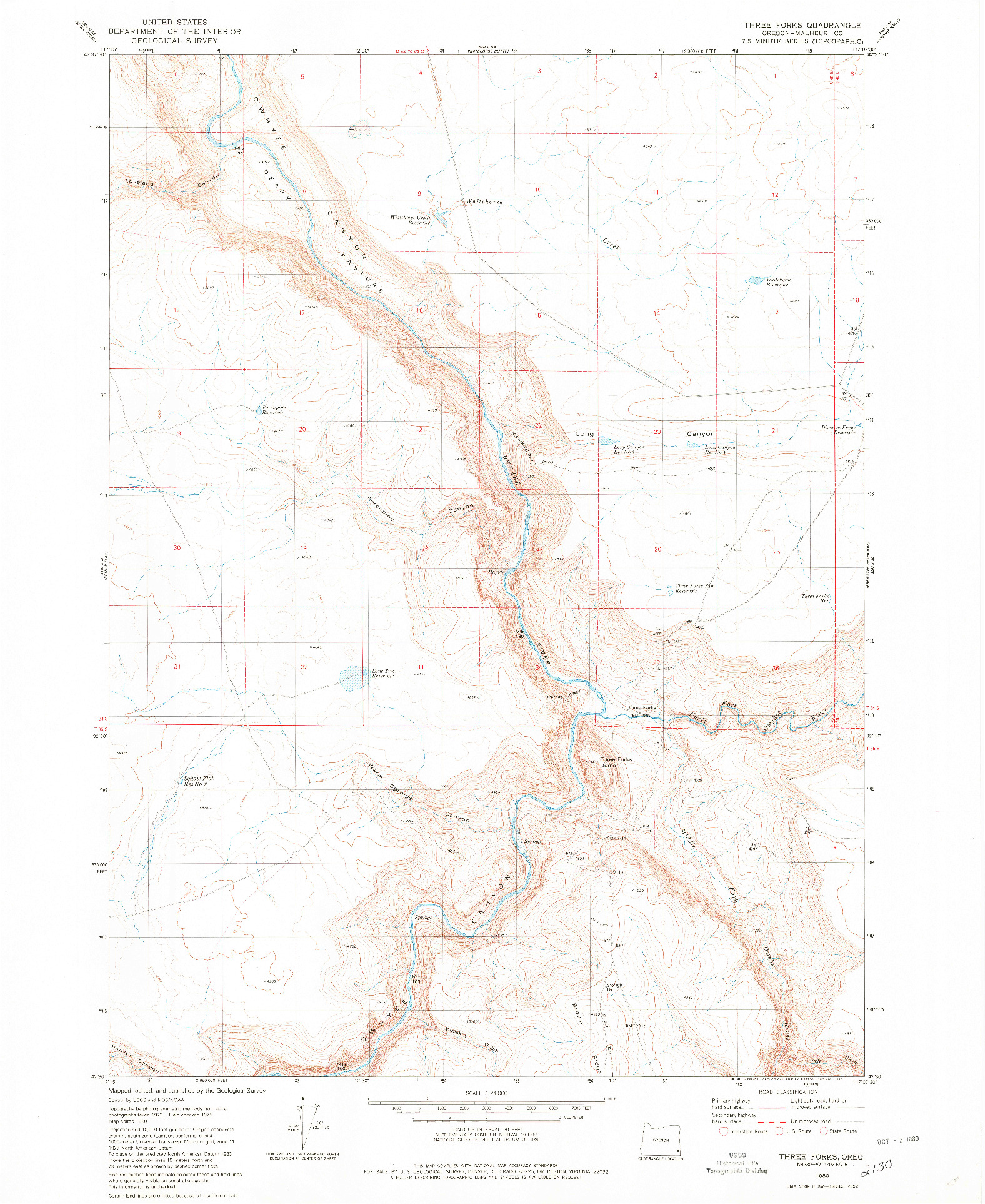 USGS 1:24000-SCALE QUADRANGLE FOR THREE FORKS, OR 1980