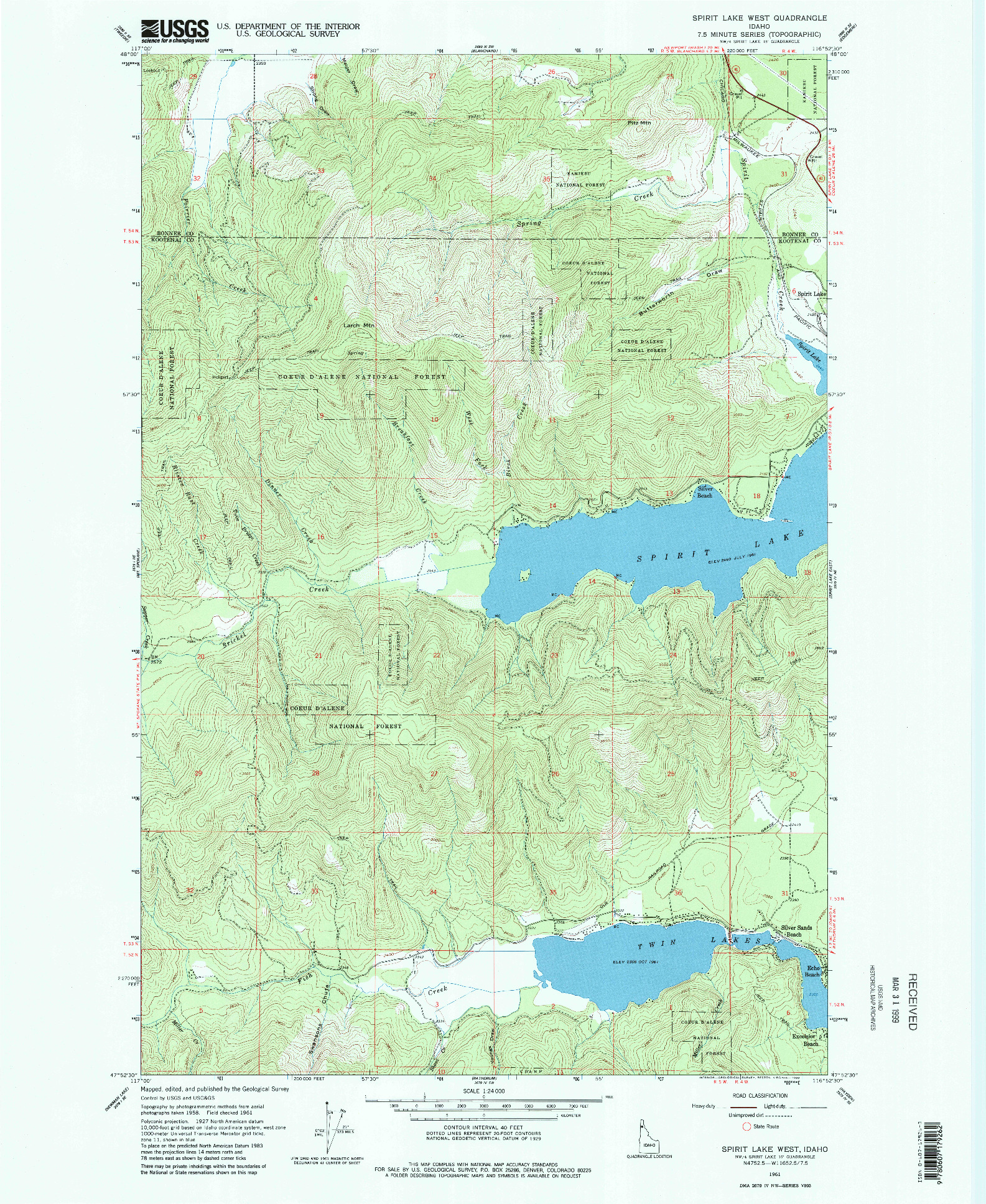 USGS 1:24000-SCALE QUADRANGLE FOR SPIRIT LAKE WEST, ID 1961