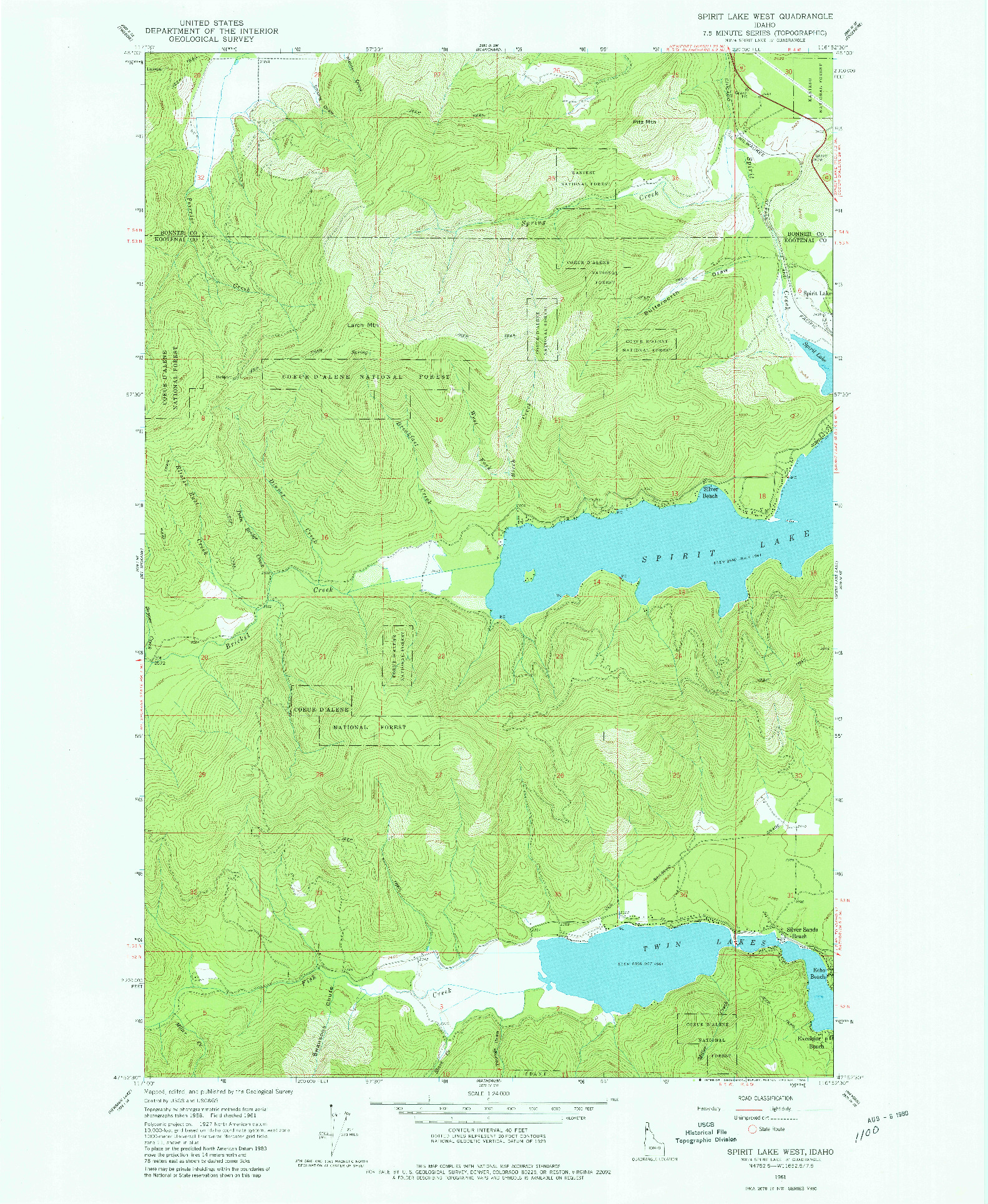 USGS 1:24000-SCALE QUADRANGLE FOR SPIRIT LAKE WEST, ID 1961
