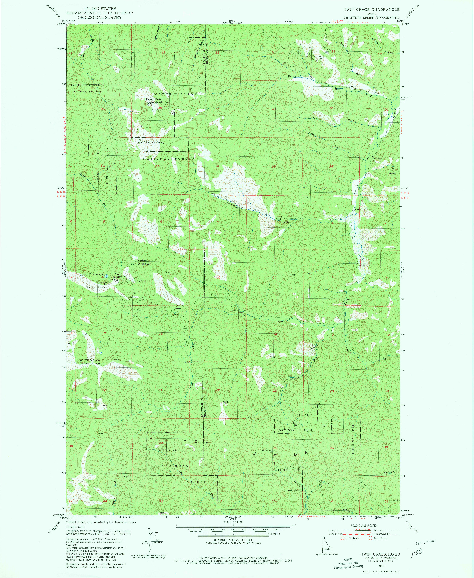 USGS 1:24000-SCALE QUADRANGLE FOR TWIN CRAGS, ID 1950