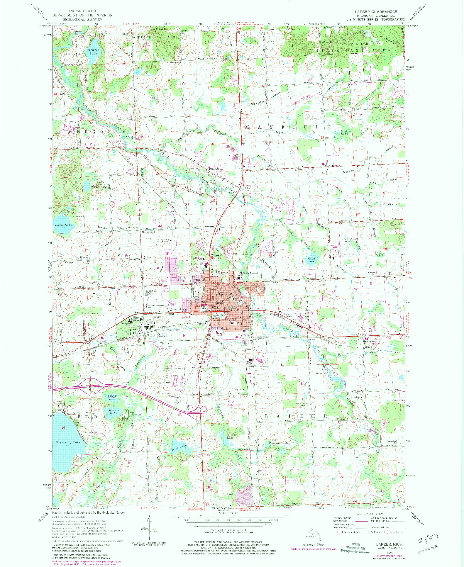 USGS 1:24000-SCALE QUADRANGLE FOR LAPEER, MI 1963