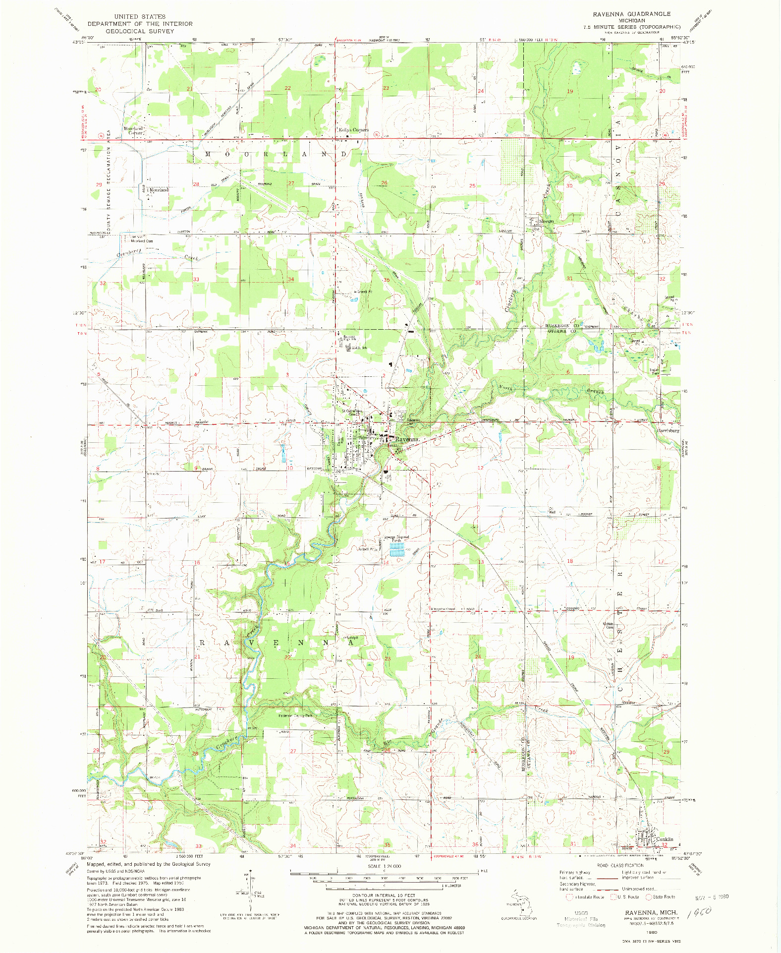 USGS 1:24000-SCALE QUADRANGLE FOR RAVENNA, MI 1980