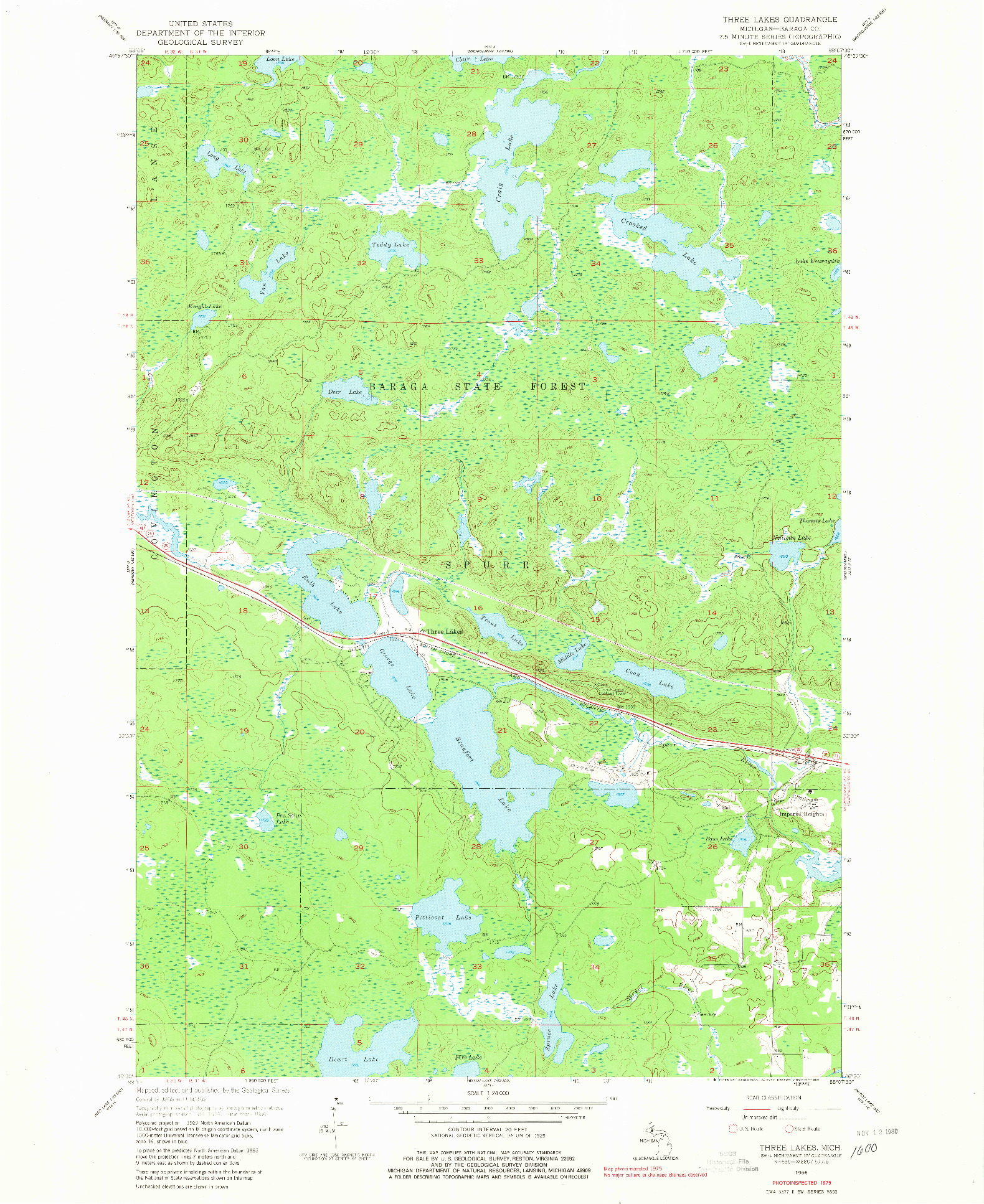 USGS 1:24000-SCALE QUADRANGLE FOR THREE LAKES, MI 1956