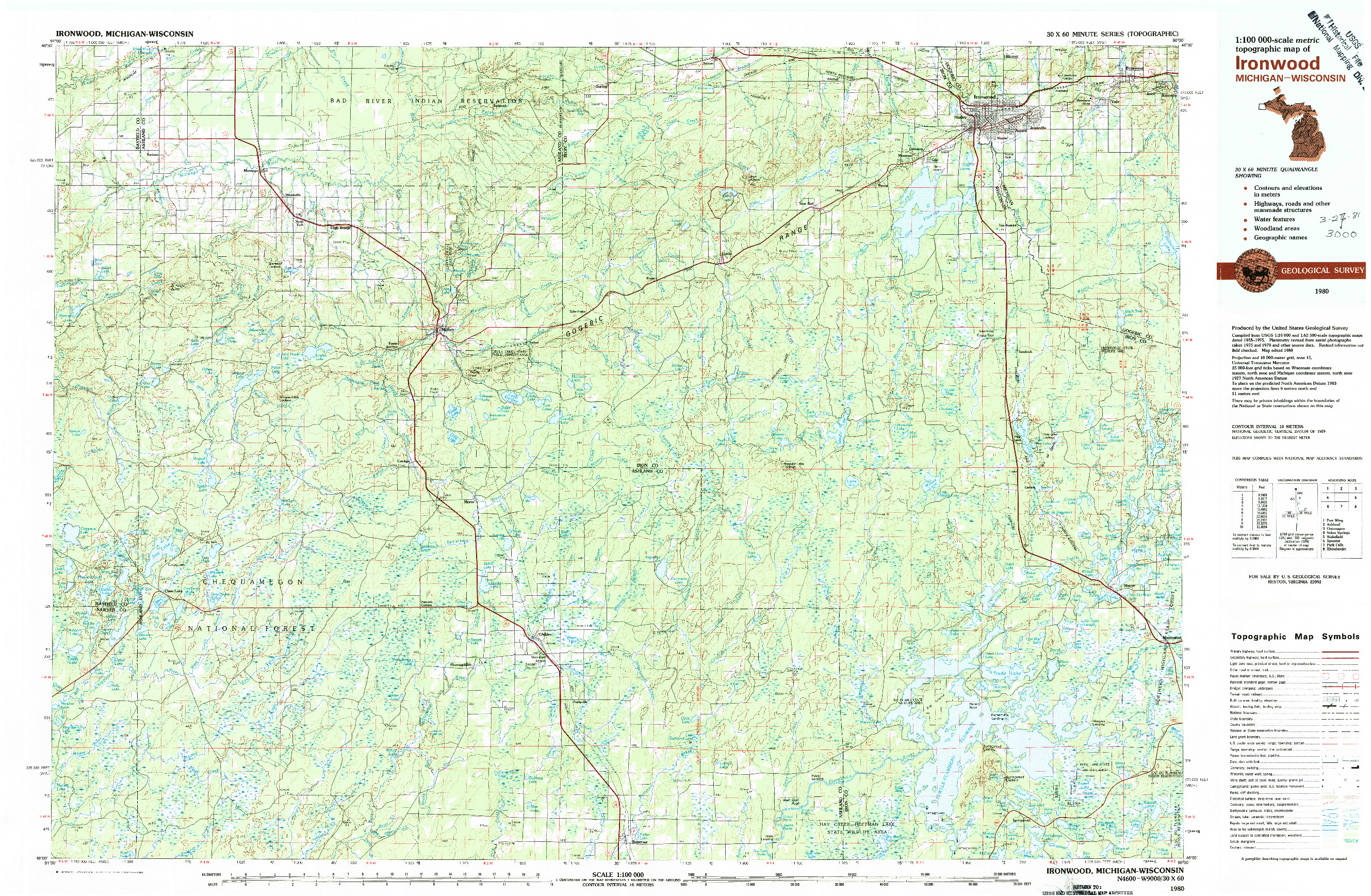 USGS 1:100000-SCALE QUADRANGLE FOR IRONWOOD, MI 1980