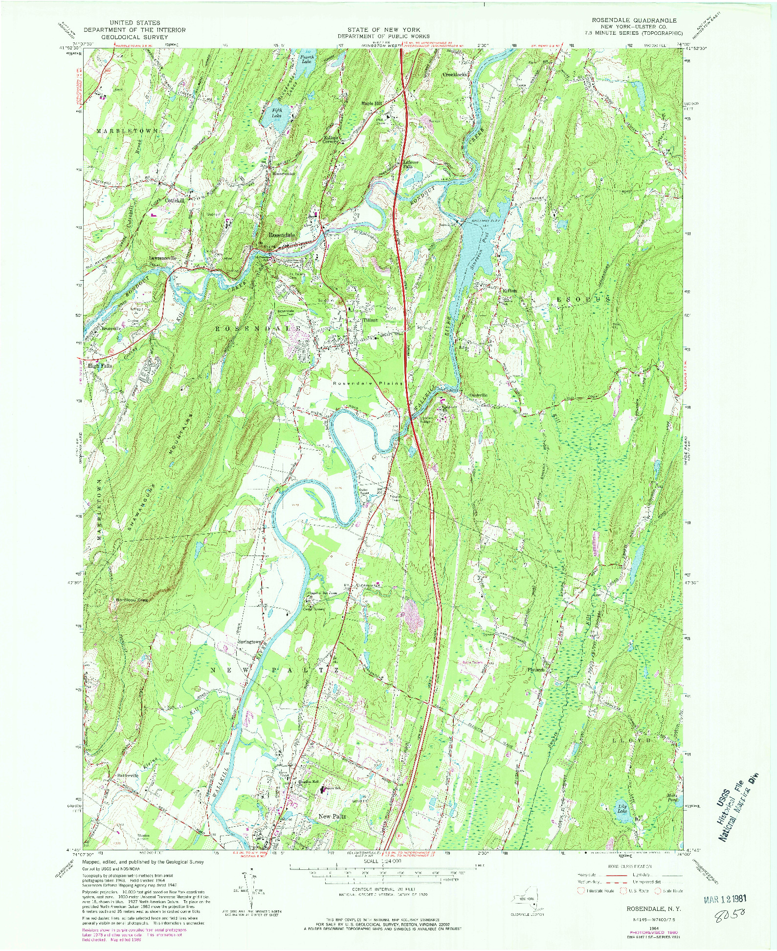 USGS 1:24000-SCALE QUADRANGLE FOR ROSENDALE, NY 1964