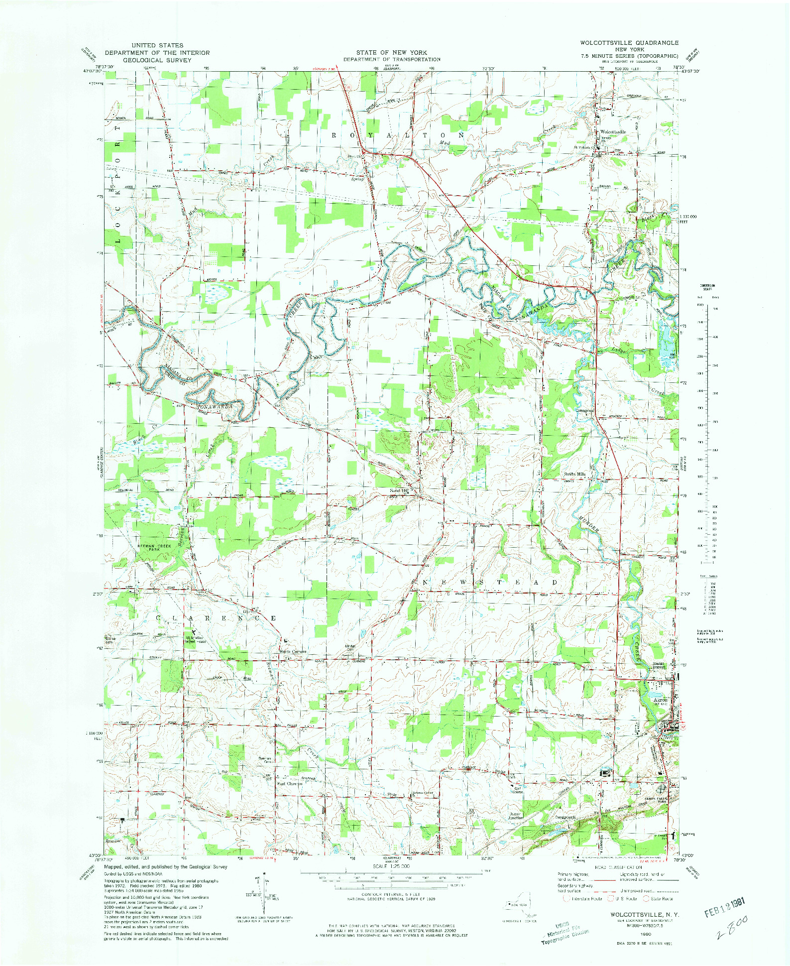 USGS 1:25000-SCALE QUADRANGLE FOR WOLCOTTSVILLE, NY 1980