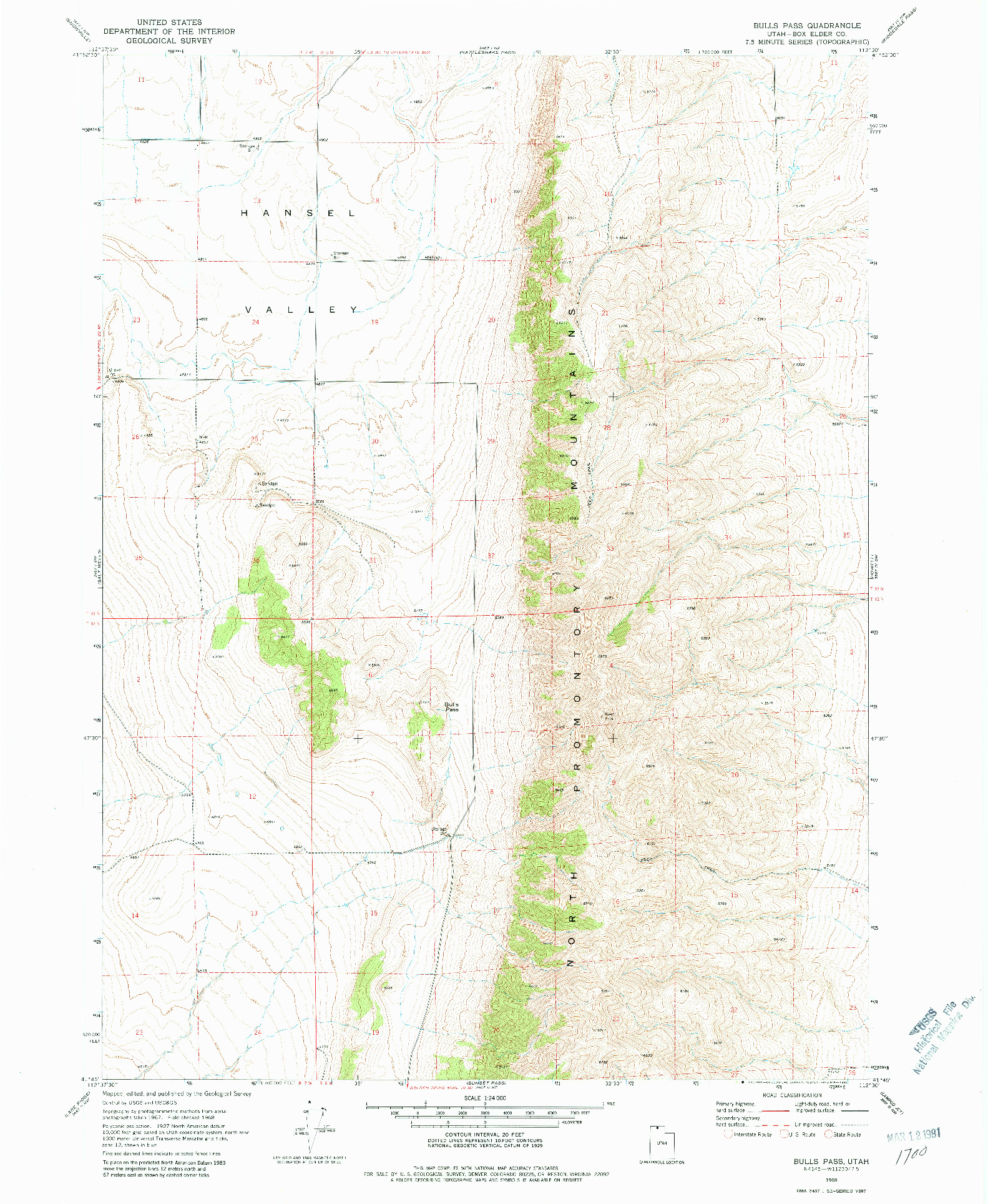 USGS 1:24000-SCALE QUADRANGLE FOR BULLS PASS, UT 1968