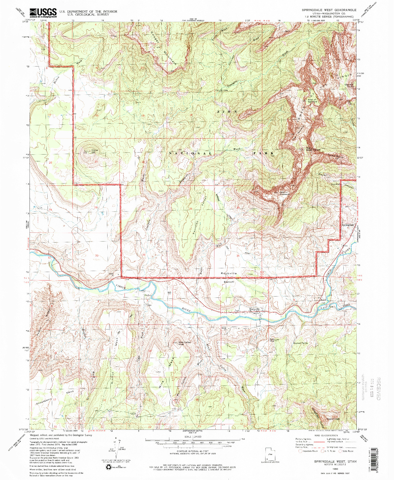 USGS 1:24000-SCALE QUADRANGLE FOR SPRINGDALE WEST, UT 1980