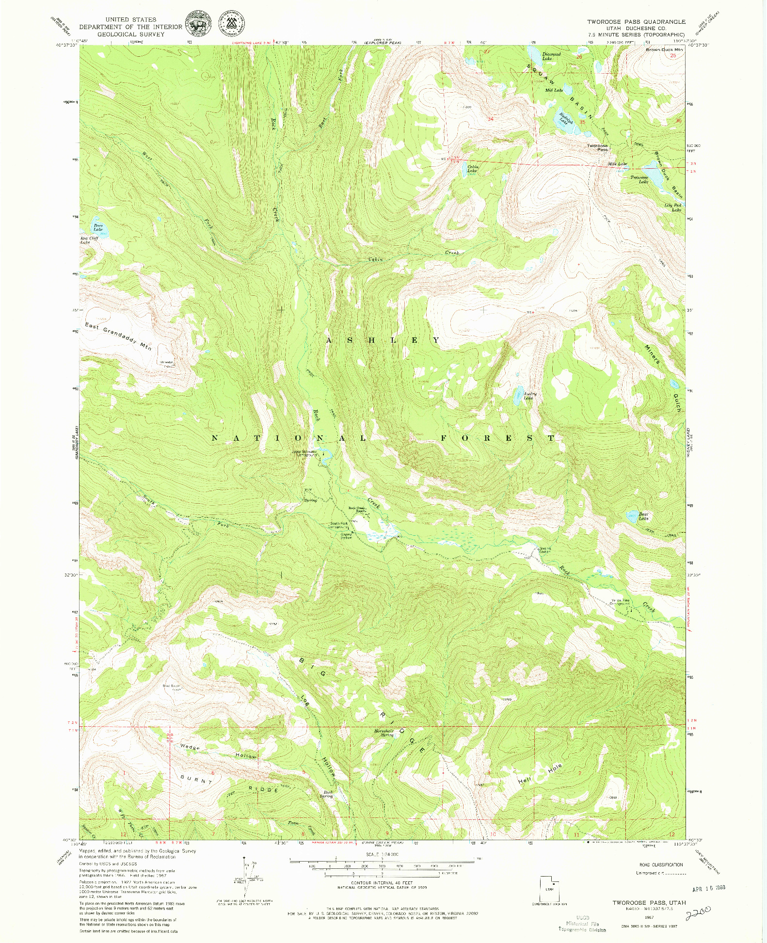 USGS 1:24000-SCALE QUADRANGLE FOR TWOROOSE PASS, UT 1967