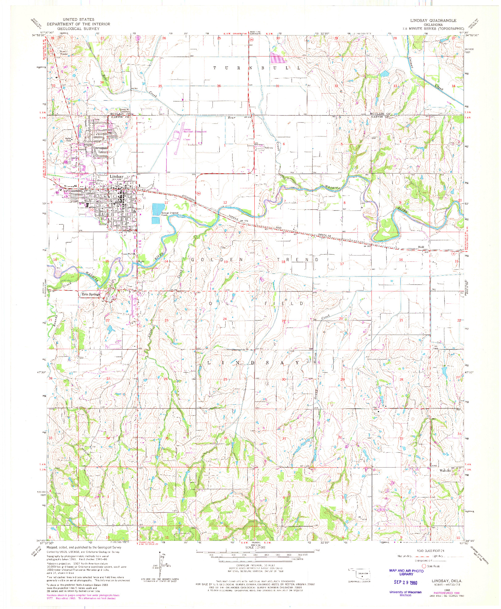 USGS 1:24000-SCALE QUADRANGLE FOR LINDSAY, OK 1966