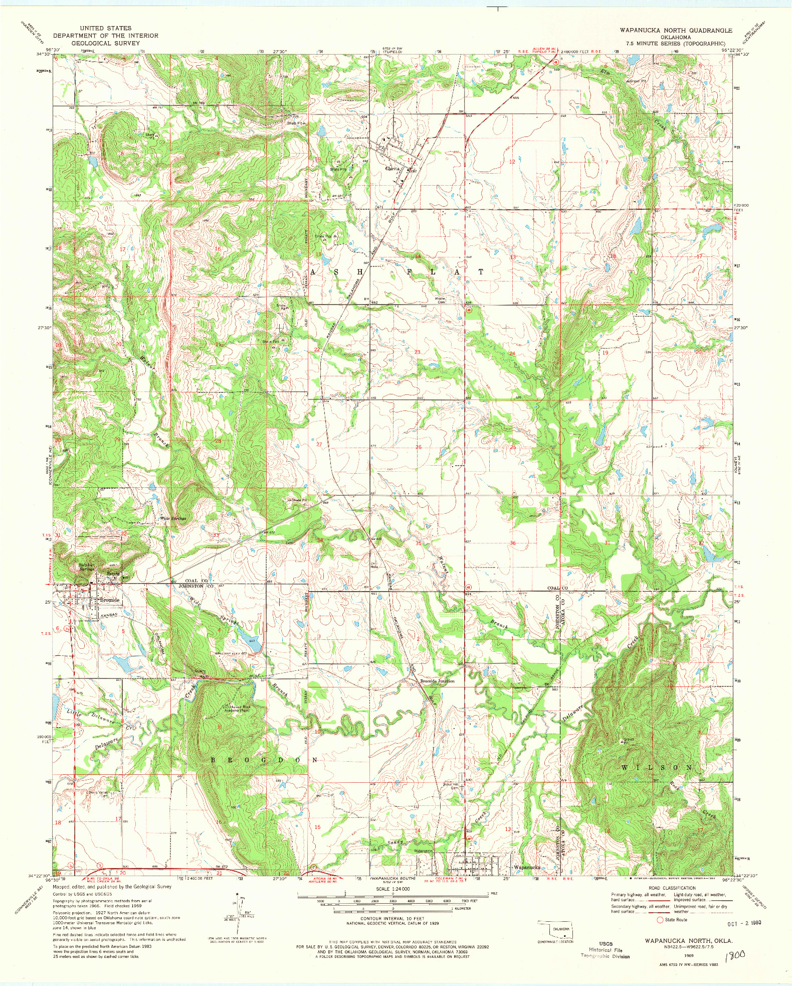 USGS 1:24000-SCALE QUADRANGLE FOR WAPANUCKA NORTH, OK 1969