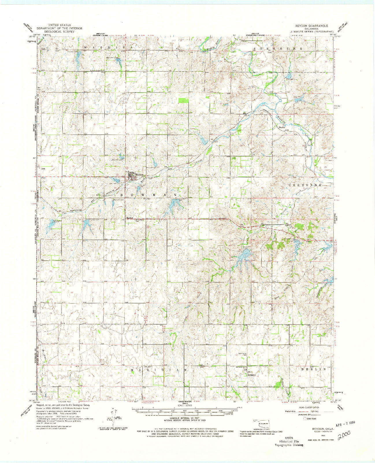 USGS 1:62500-SCALE QUADRANGLE FOR REYDON, OK 1961