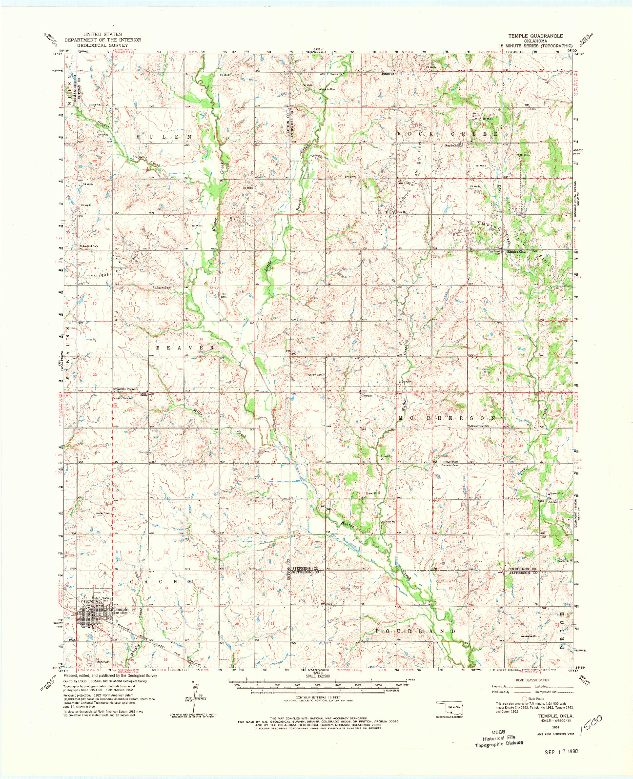 USGS 1:62500-SCALE QUADRANGLE FOR TEMPLE, OK 1962