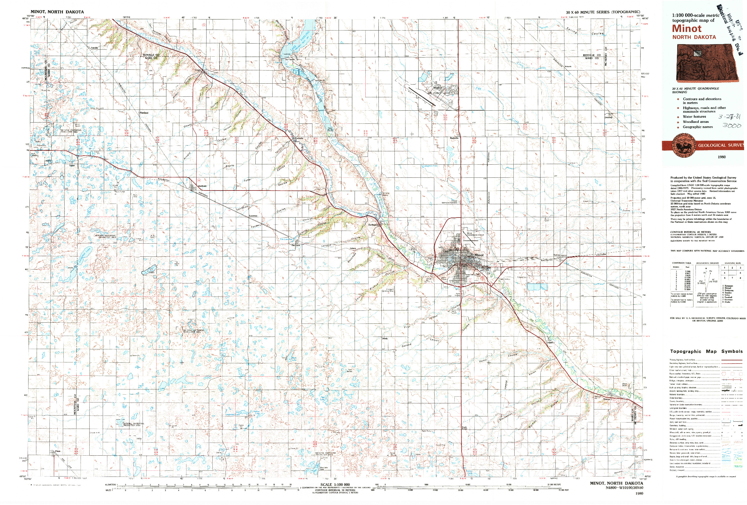 USGS 1:100000-SCALE QUADRANGLE FOR MINOT, ND 1980