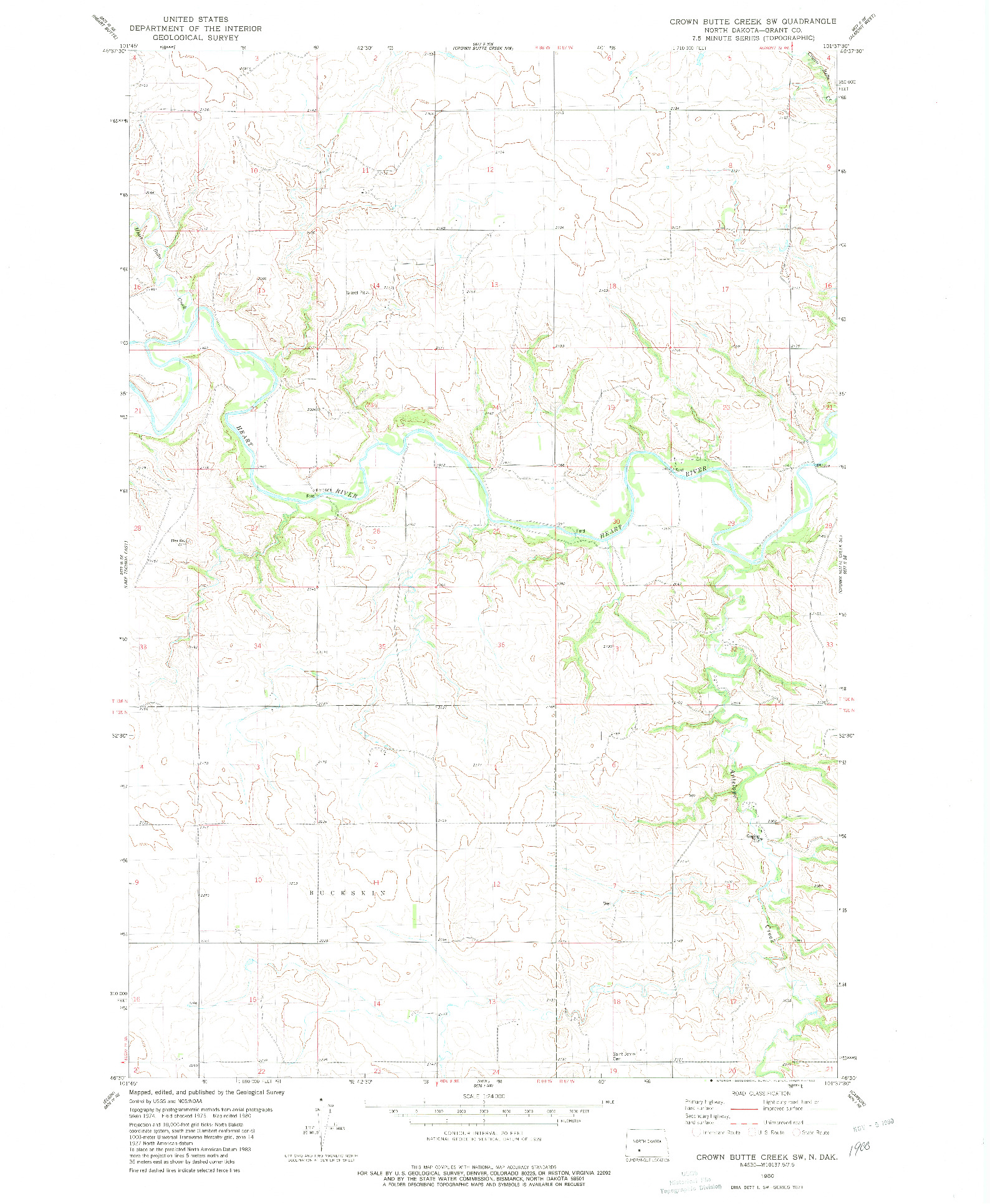 USGS 1:24000-SCALE QUADRANGLE FOR CROWN BUTTE CREEK SW, ND 1980