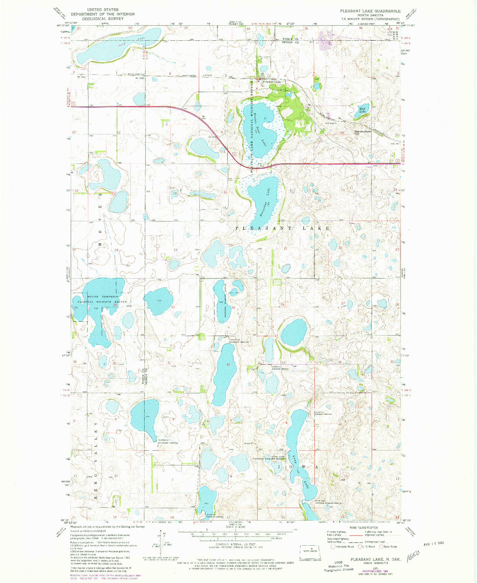 USGS 1:24000-SCALE QUADRANGLE FOR PLEASANT LAKE, ND 1971