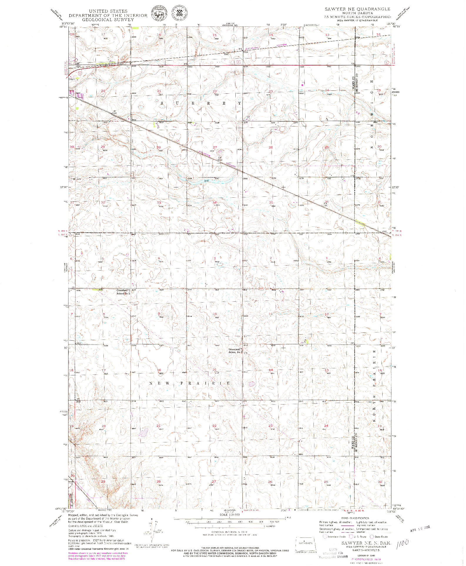 USGS 1:24000-SCALE QUADRANGLE FOR SAWYER NE, ND 1979