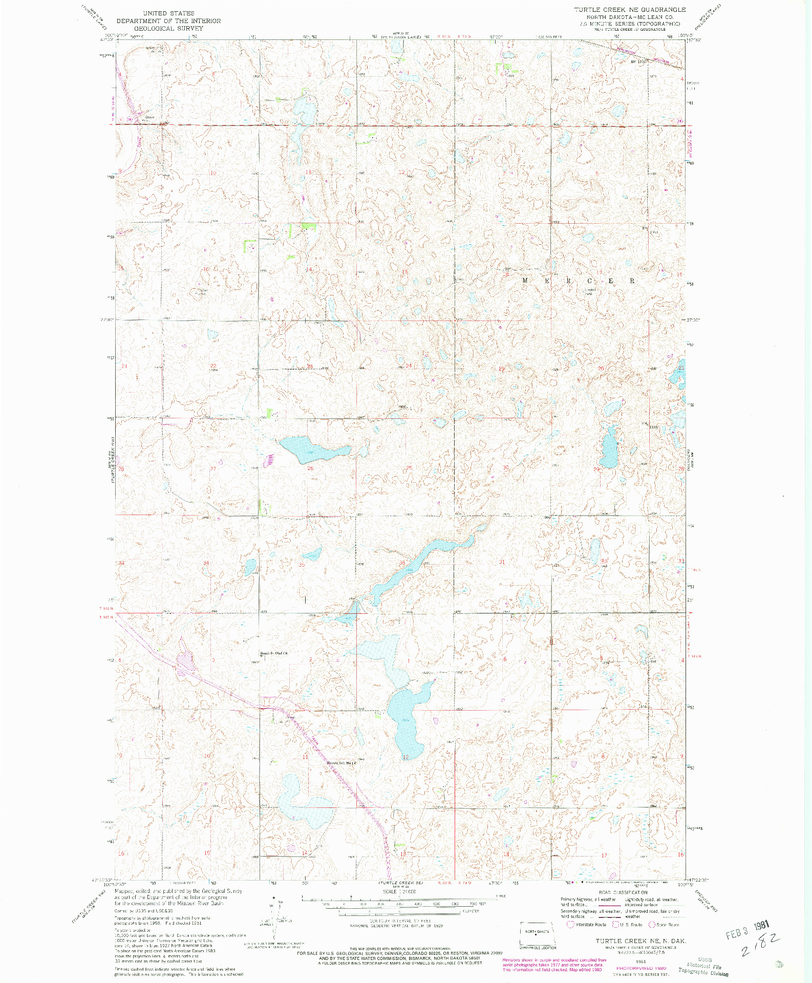 USGS 1:24000-SCALE QUADRANGLE FOR TURTLE CREEK NE, ND 1961