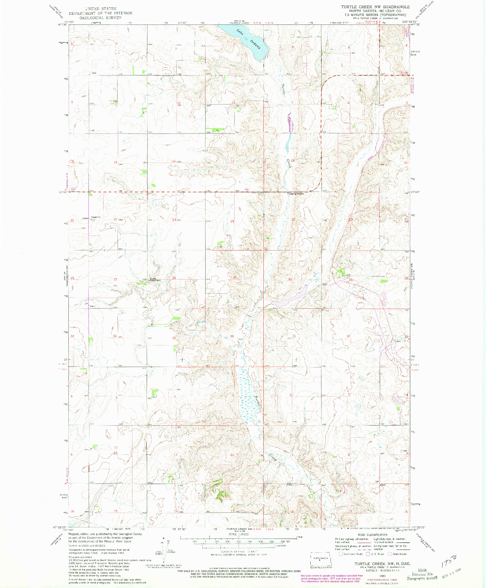 USGS 1:24000-SCALE QUADRANGLE FOR TURTLE CREEK NW, ND 1961