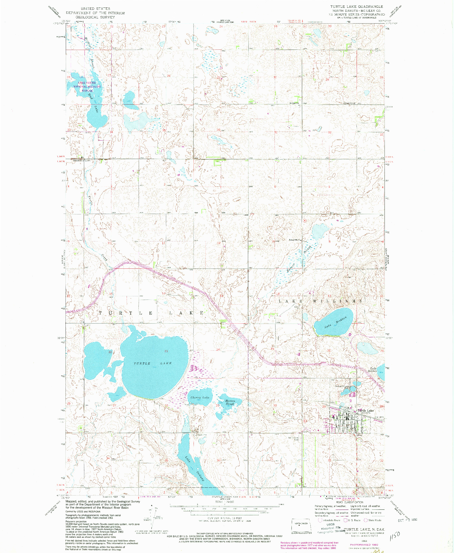 USGS 1:24000-SCALE QUADRANGLE FOR TURTLE LAKE, ND 1961