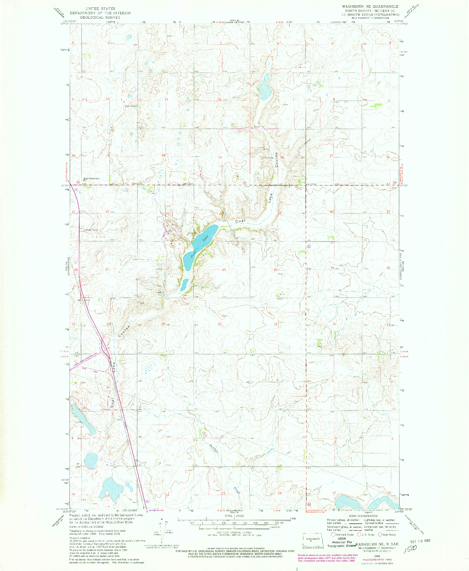 USGS 1:24000-SCALE QUADRANGLE FOR WASHBURN NE, ND 1961