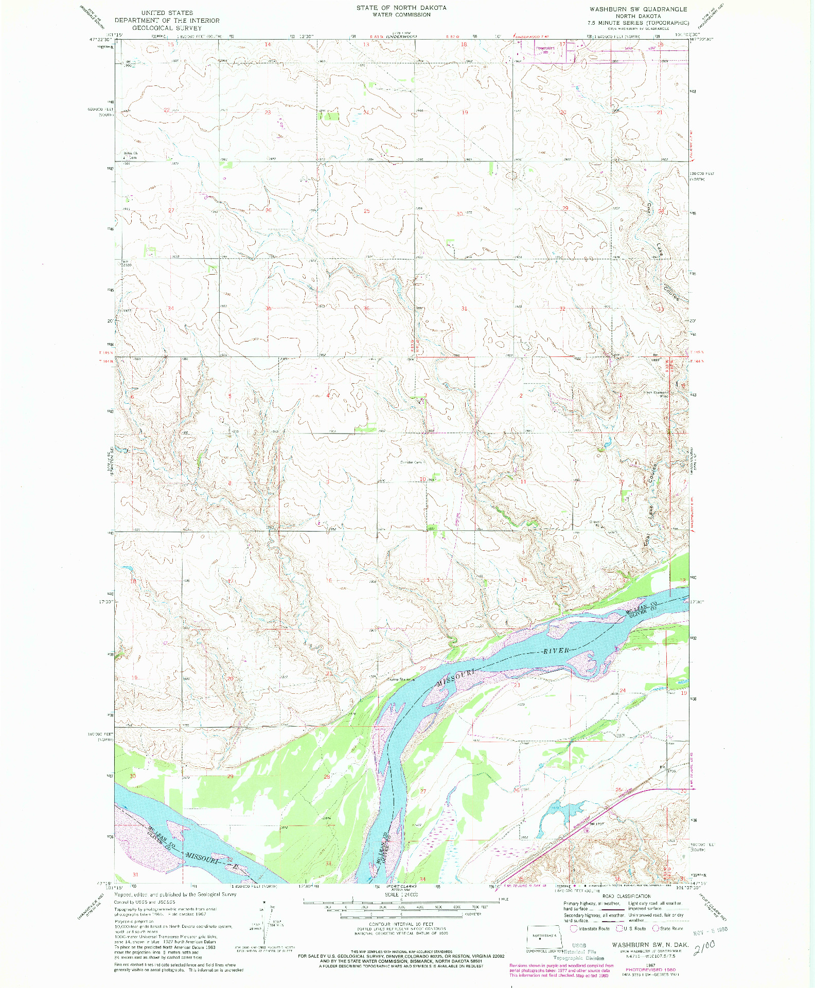 USGS 1:24000-SCALE QUADRANGLE FOR WASHBURN SW, ND 1967