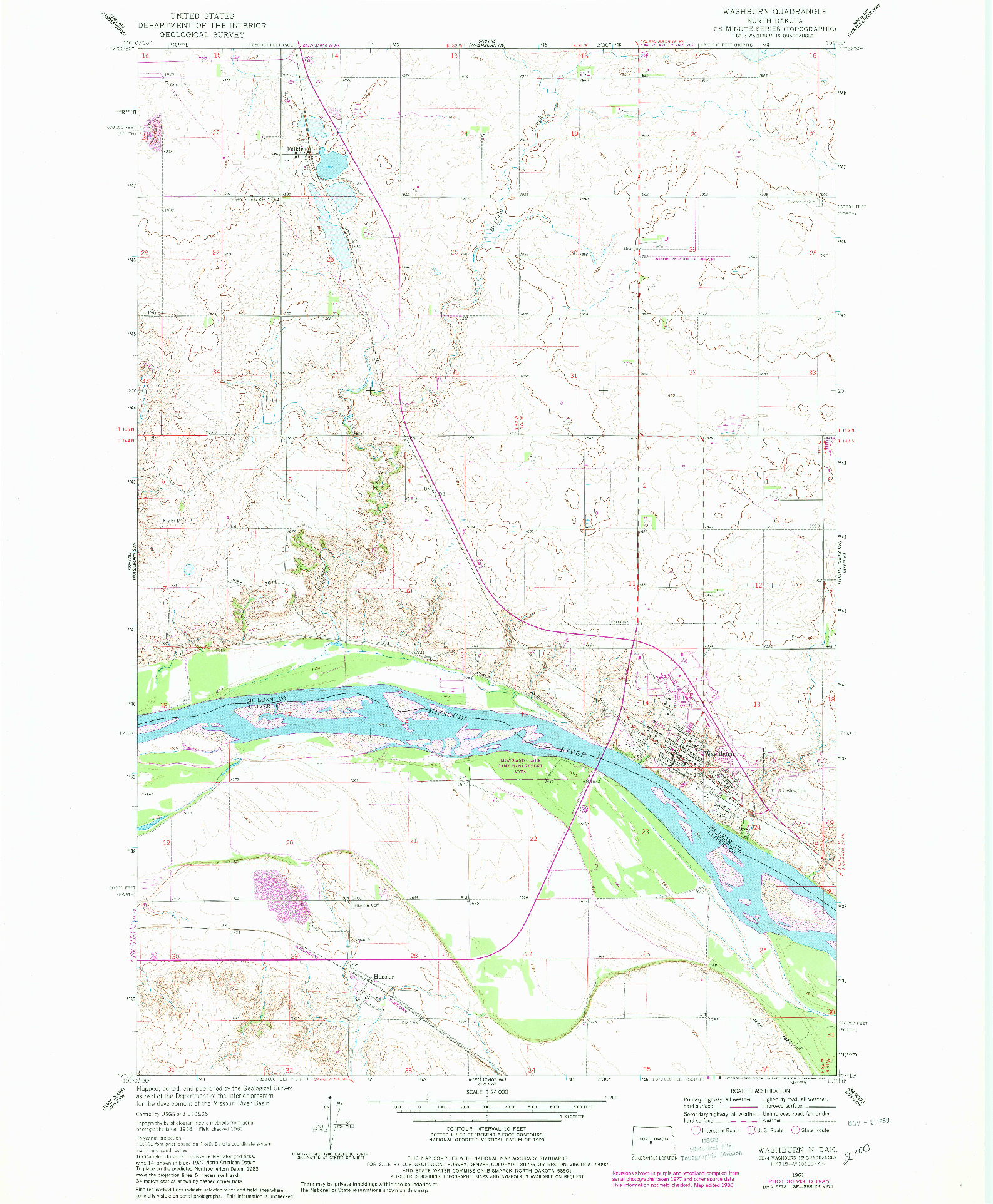 USGS 1:24000-SCALE QUADRANGLE FOR WASHBURN, ND 1961