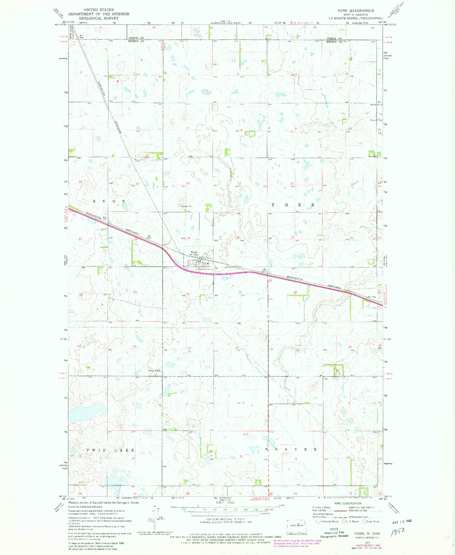 USGS 1:24000-SCALE QUADRANGLE FOR YORK, ND 1971