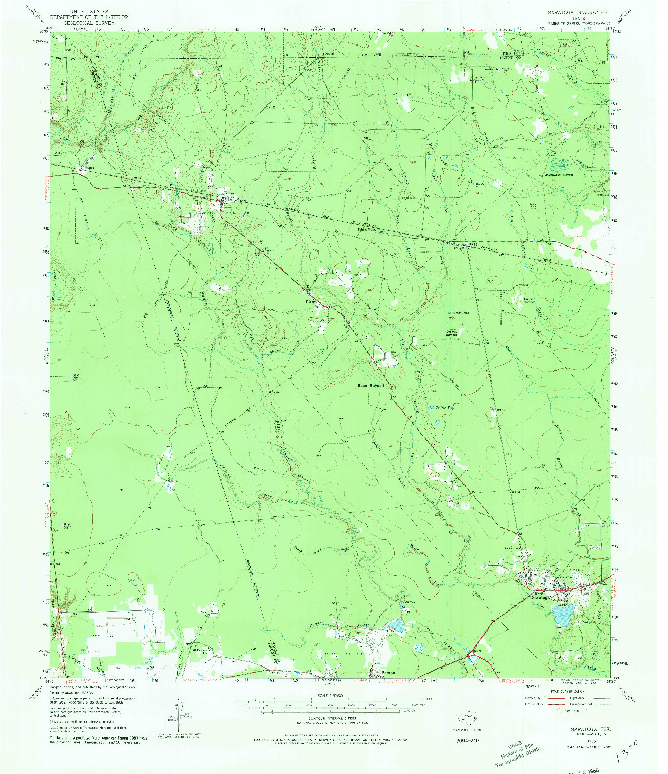 USGS 1:62500-SCALE QUADRANGLE FOR SARATOGA, TX 1955