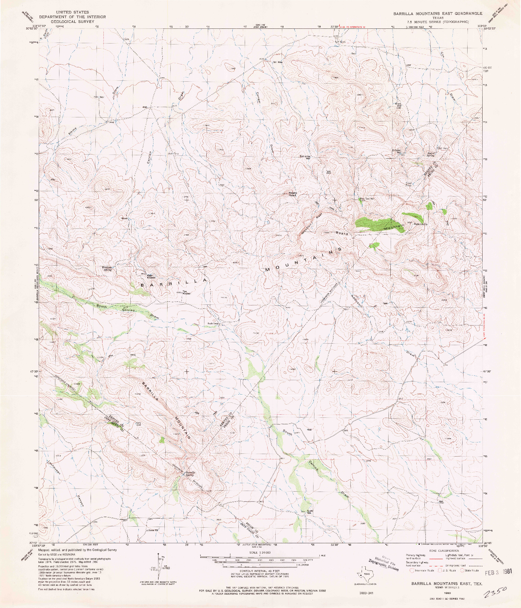 USGS 1:24000-SCALE QUADRANGLE FOR BARRILLA MOUNTAINS EAST, TX 1980