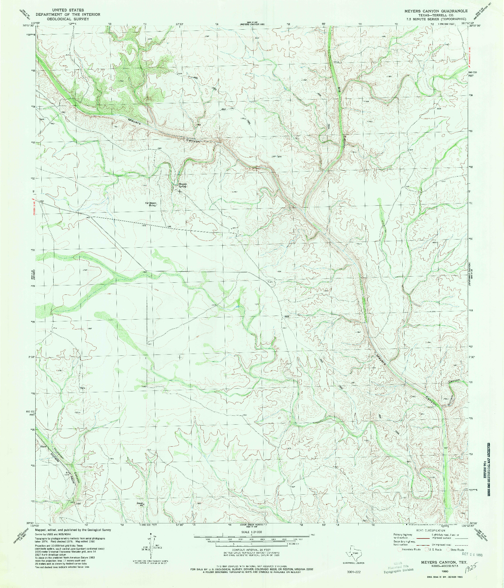 USGS 1:24000-SCALE QUADRANGLE FOR MEYERS CANYON, TX 1980
