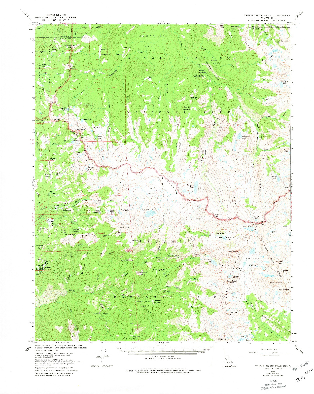 USGS 1:62500-SCALE QUADRANGLE FOR TRIPLE DIVIDE PEAK, CA 1956