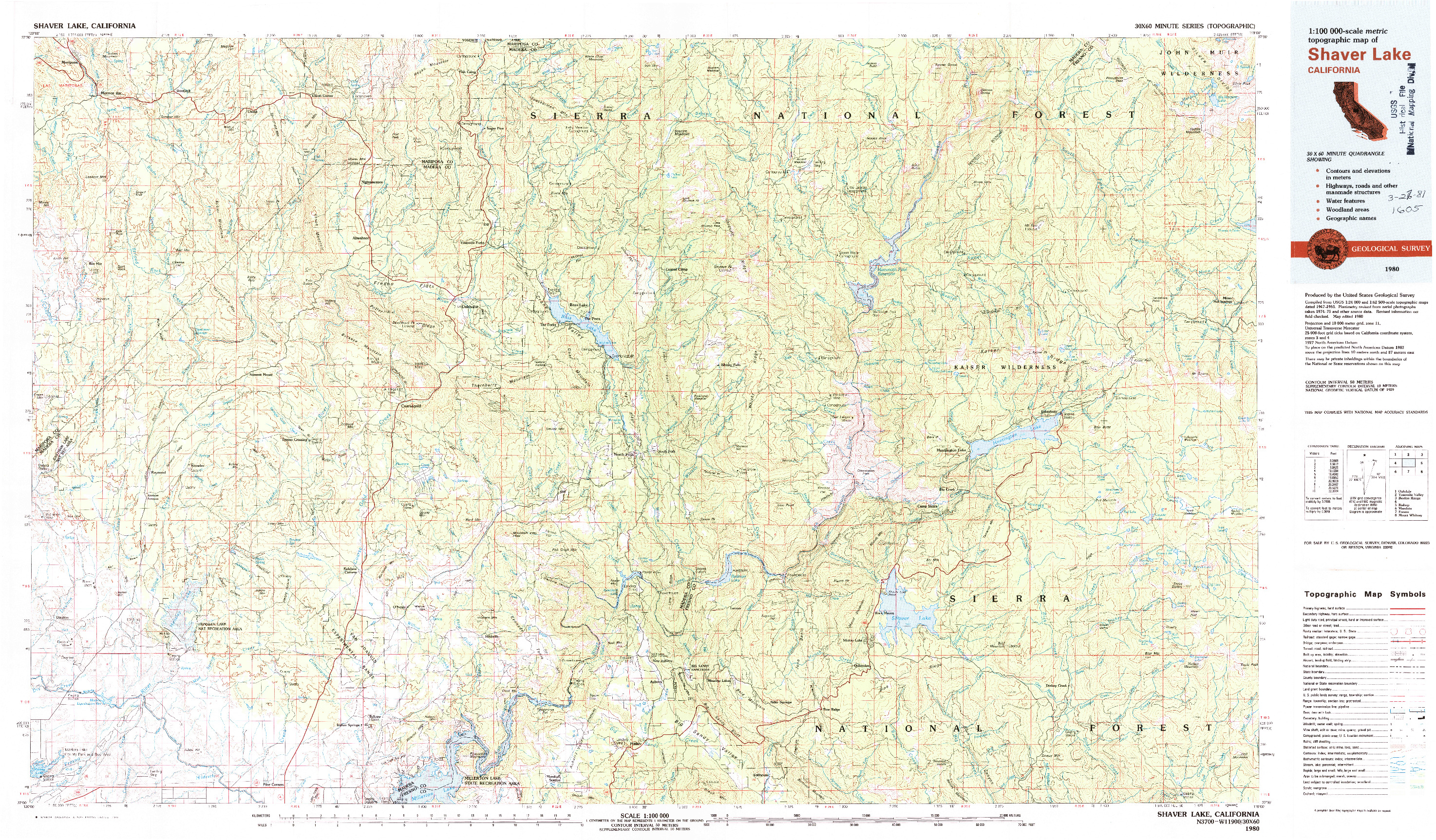 USGS 1:100000-SCALE QUADRANGLE FOR SHAVER LAKE, CA 1980