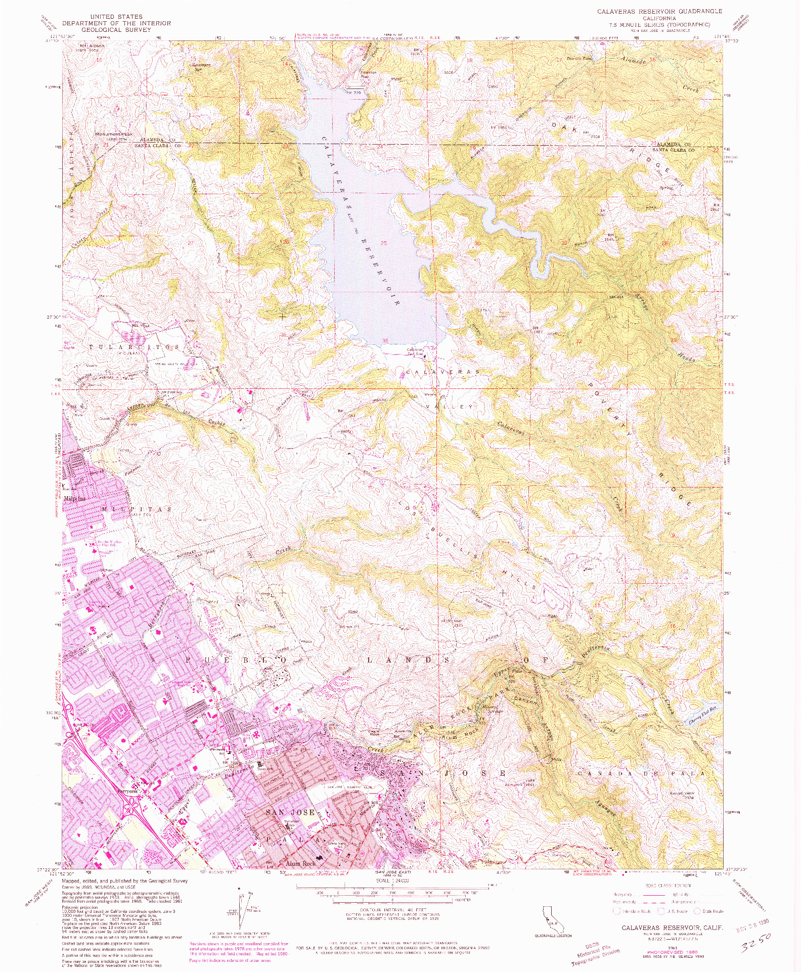 USGS 1:24000-SCALE QUADRANGLE FOR CALAVERAS RESERVOIR, CA 1961