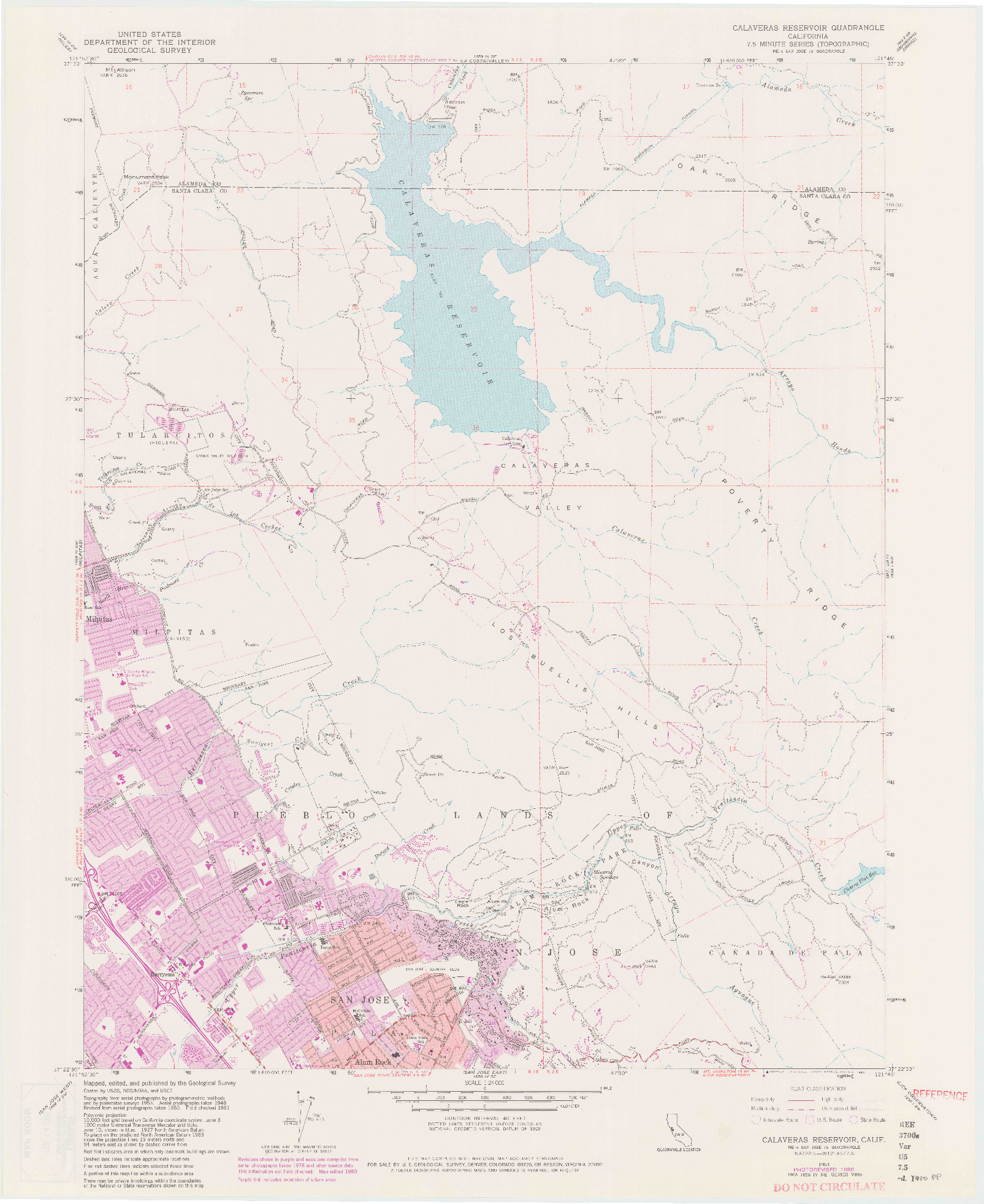 USGS 1:24000-SCALE QUADRANGLE FOR CALAVERAS RESERVOIR, CA 1961