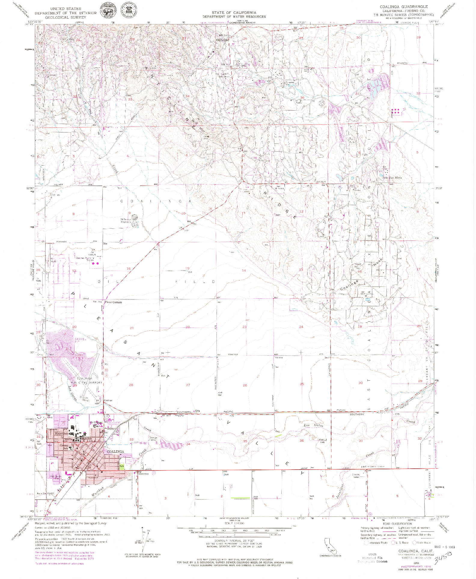 USGS 1:24000-SCALE QUADRANGLE FOR COALINGA, CA 1956