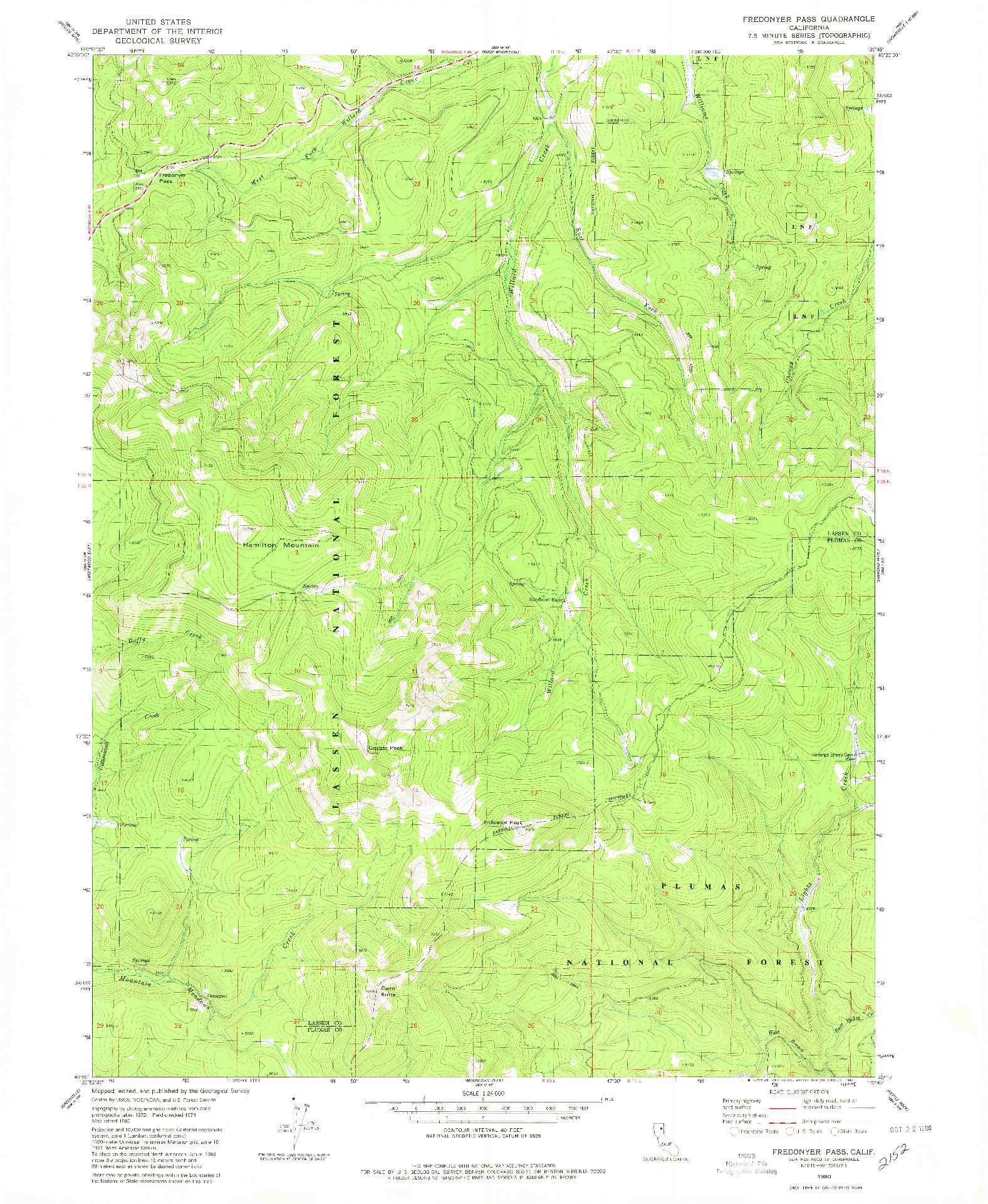 USGS 1:24000-SCALE QUADRANGLE FOR FREDONYER PASS, CA 1980