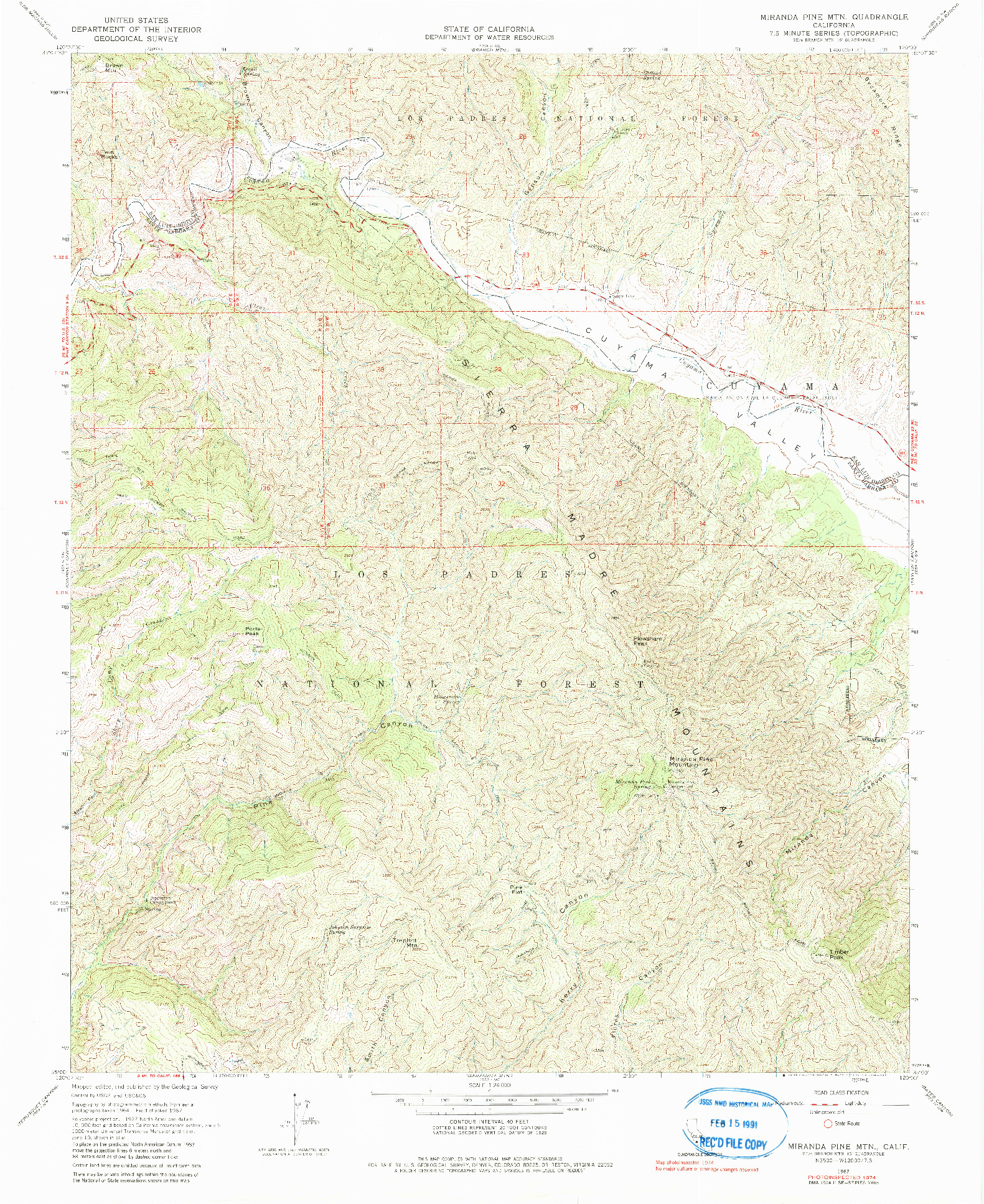 USGS 1:24000-SCALE QUADRANGLE FOR MIRANDA PINE MTN, CA 1967