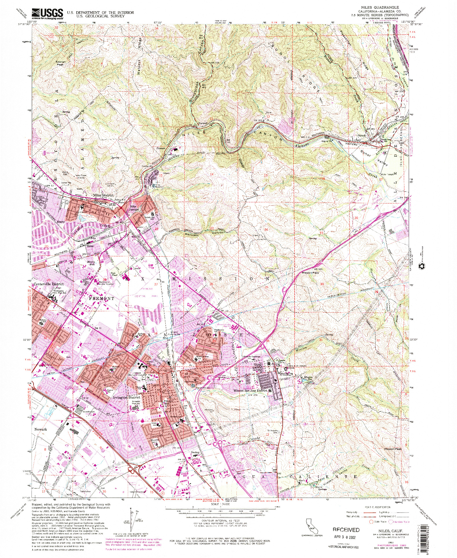 USGS 1:24000-SCALE QUADRANGLE FOR NILES, CA 1961