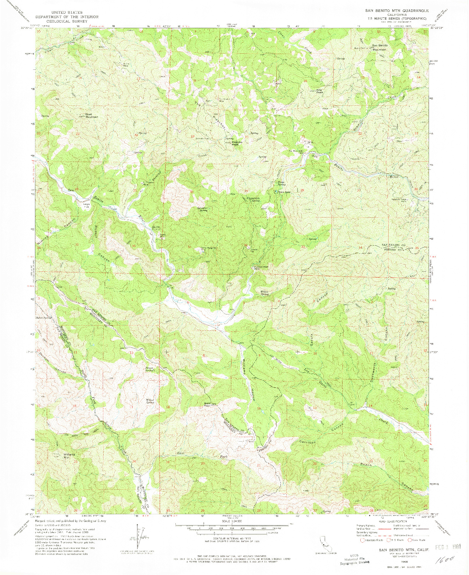 USGS 1:24000-SCALE QUADRANGLE FOR SAN BENITO MTN, CA 1969