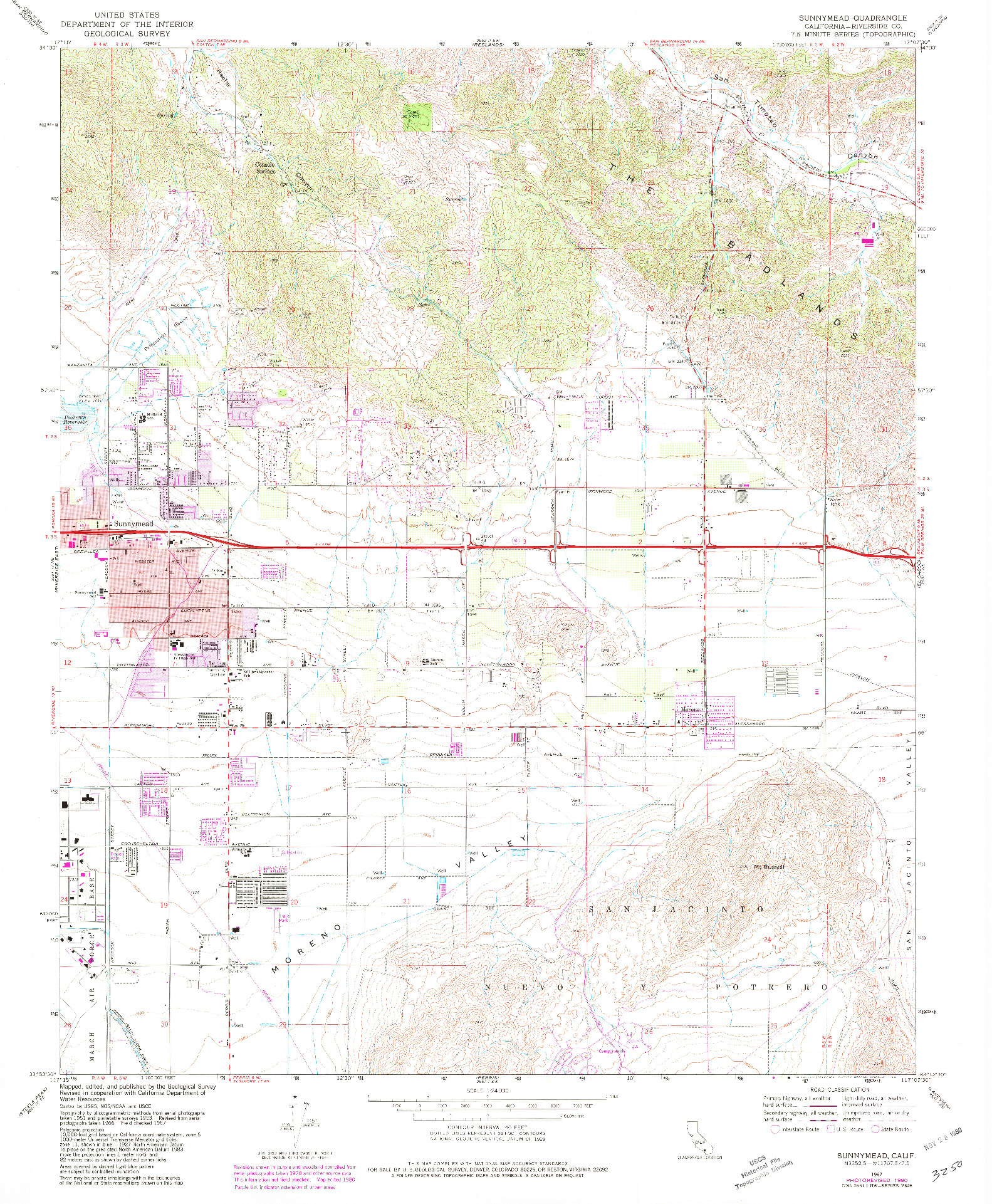 USGS 1:24000-SCALE QUADRANGLE FOR SUNNYMEAD, CA 1967