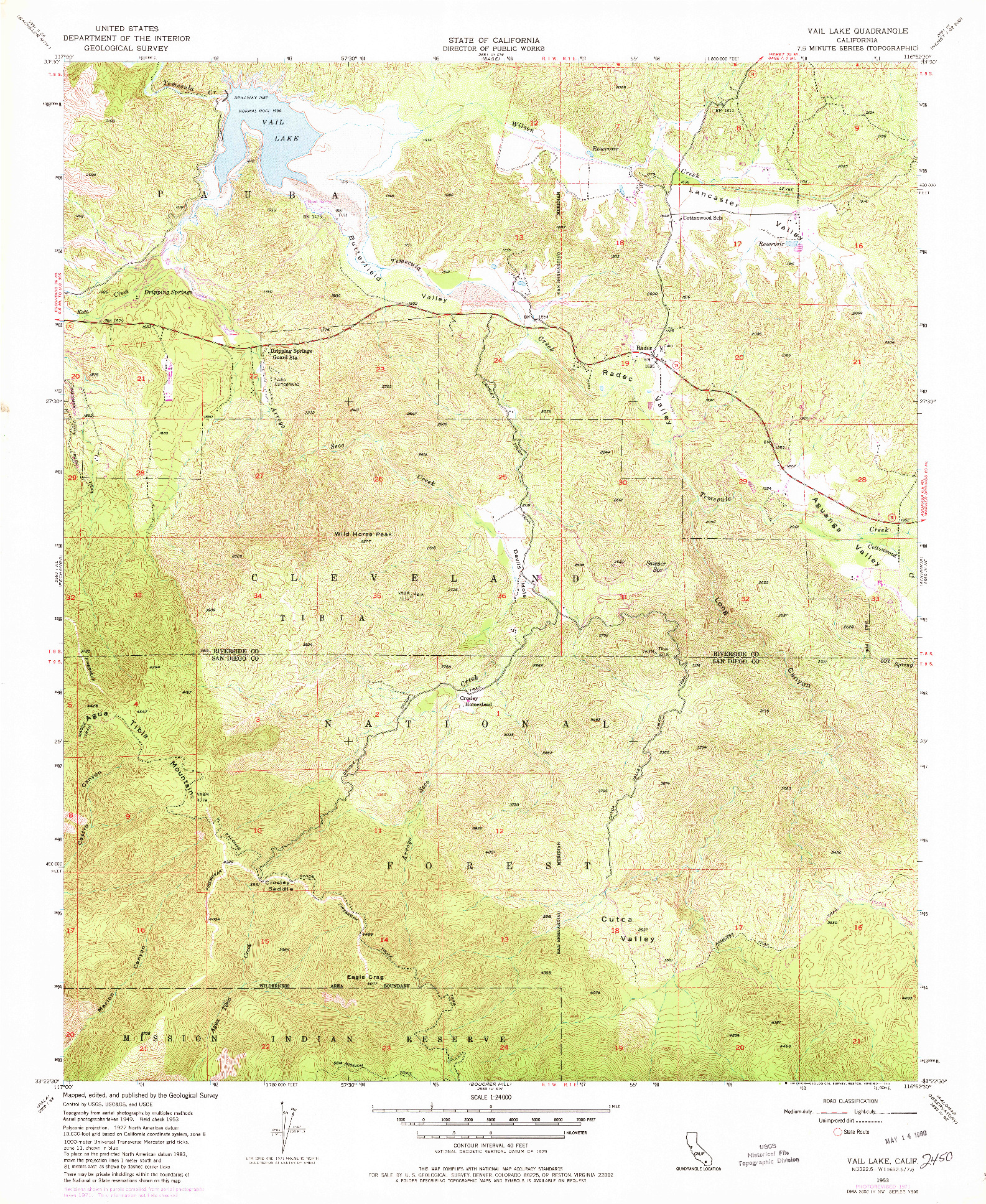 USGS 1:24000-SCALE QUADRANGLE FOR VAIL LAKE, CA 1953