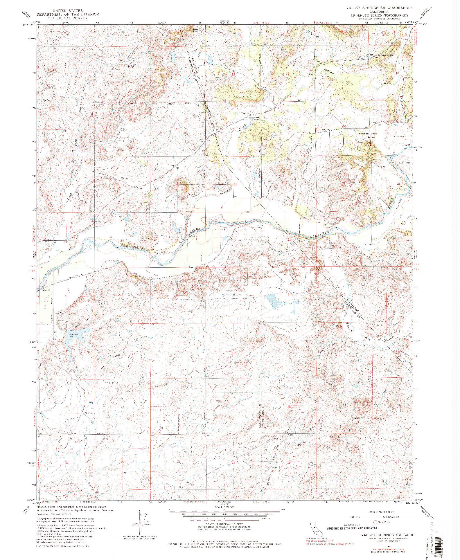USGS 1:24000-SCALE QUADRANGLE FOR VALLEY SPRINGS SW, CA 1962