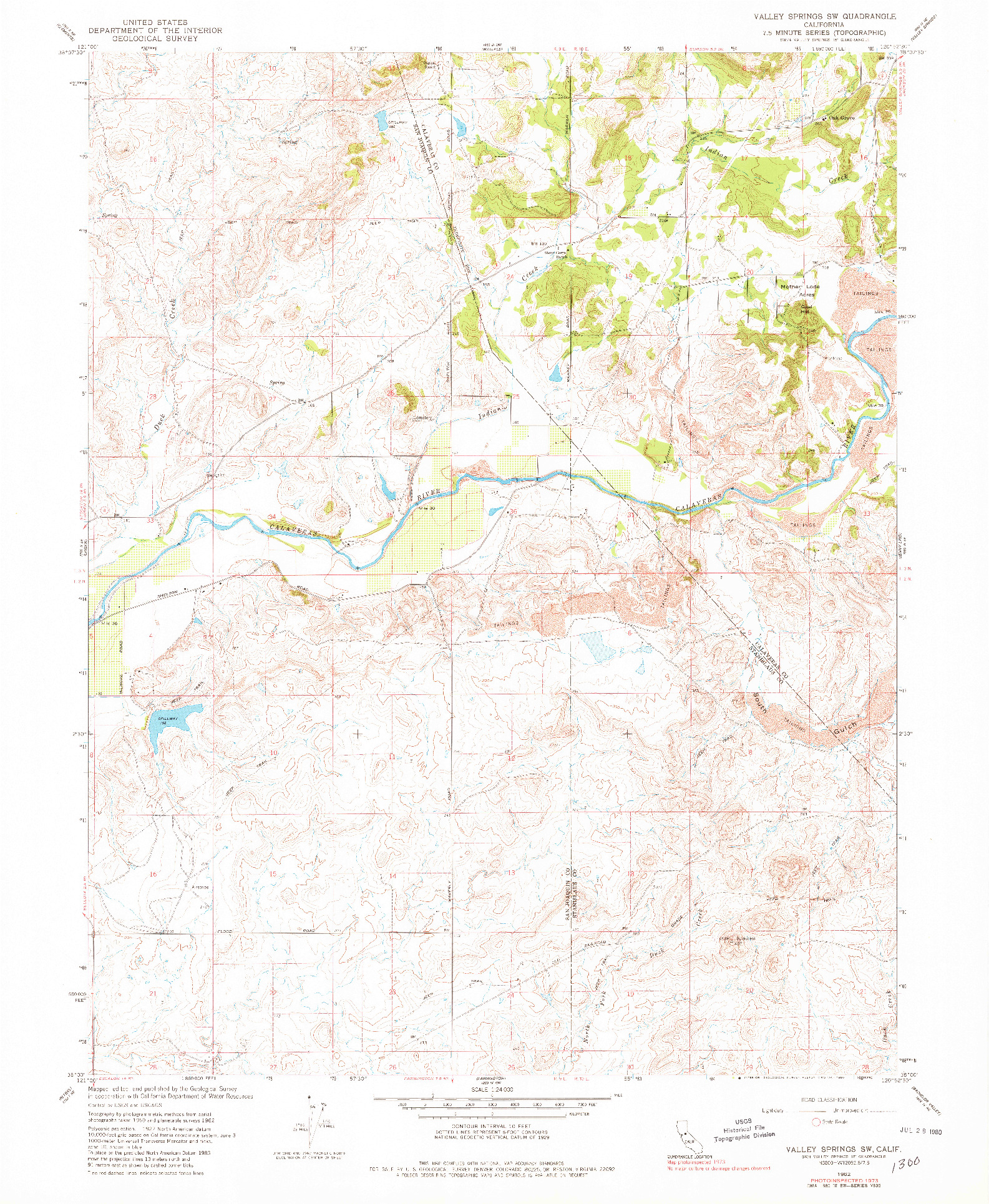 USGS 1:24000-SCALE QUADRANGLE FOR VALLEY SPRINGS SW, CA 1962